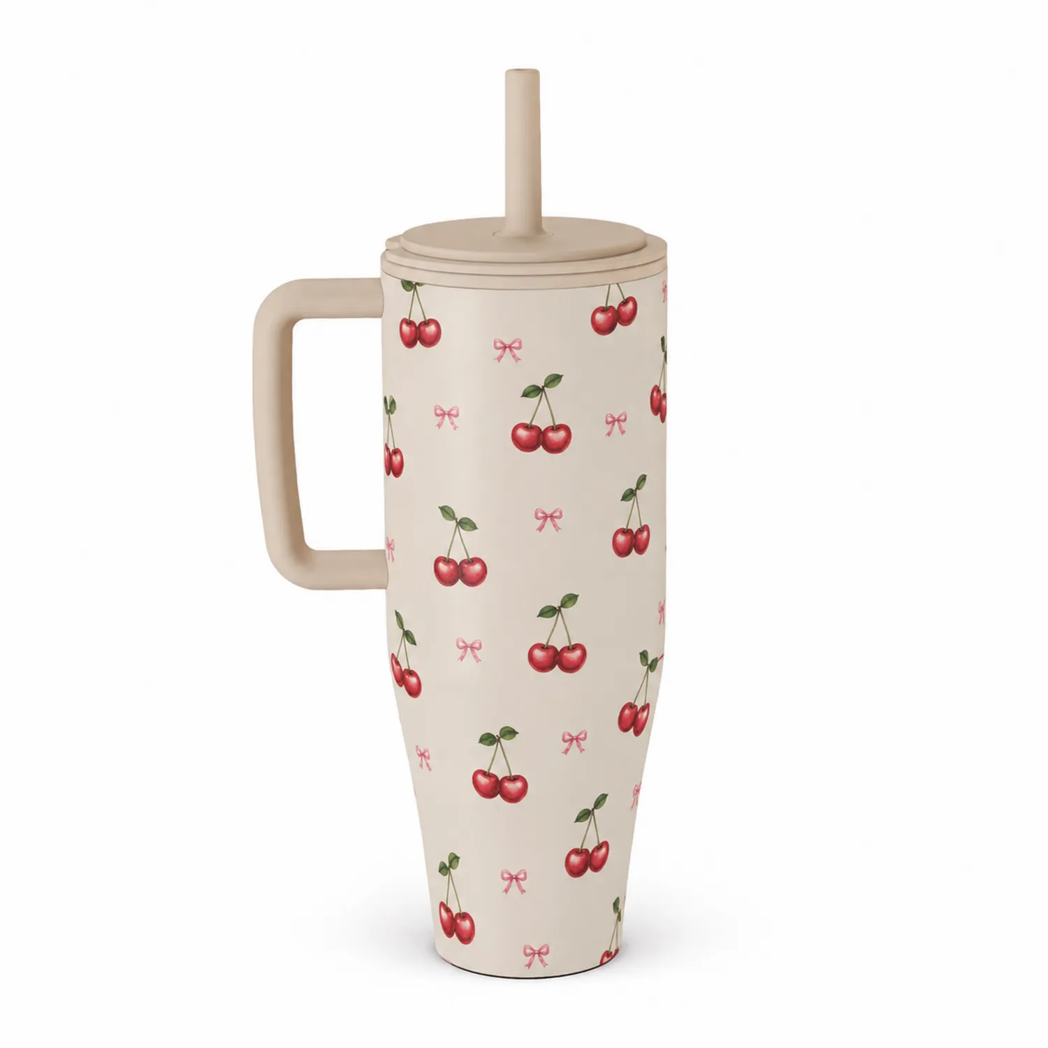 Gobelet Thermos avec Paille et Motif Cerises 700 ml Beige