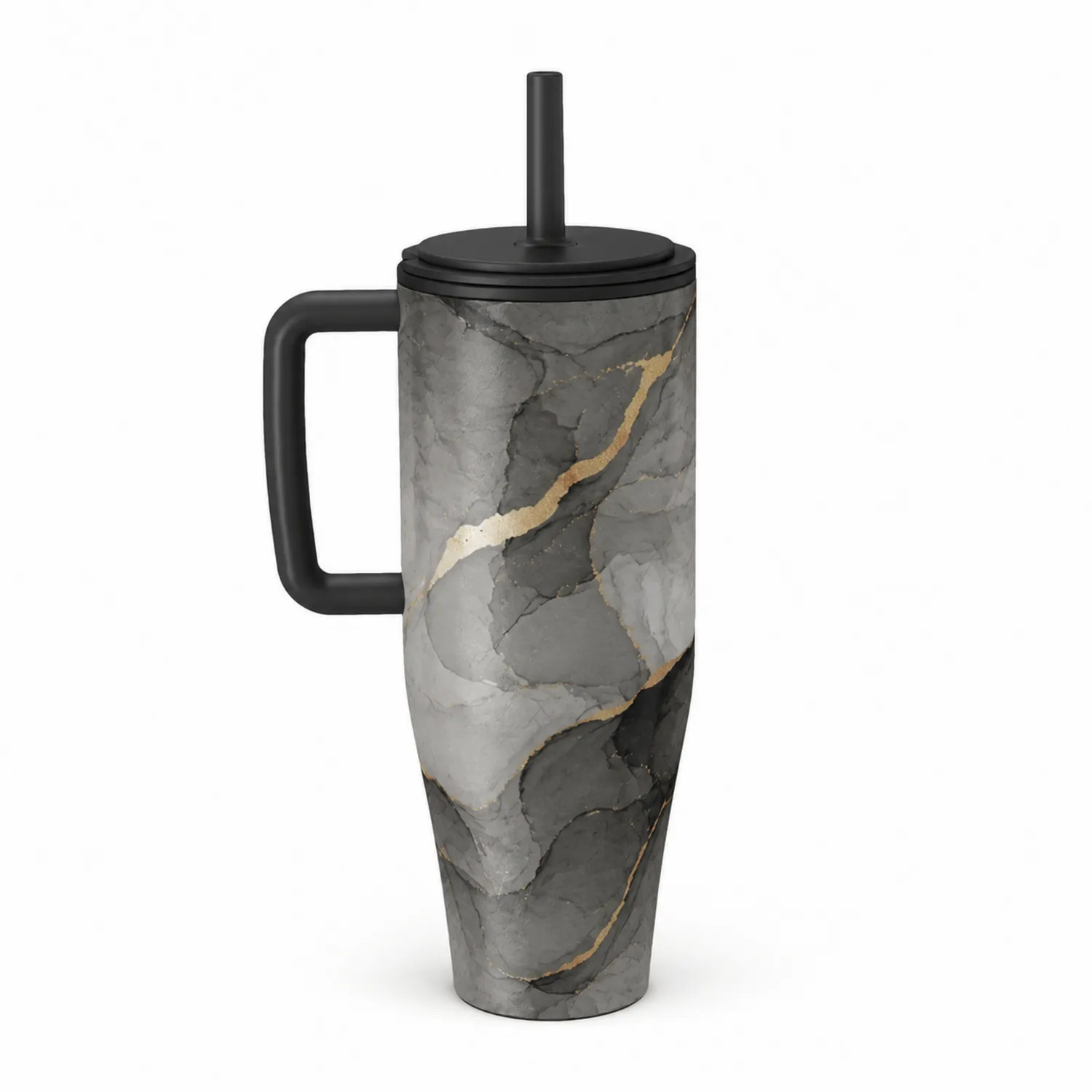 Gobelet Isotherme Marbré Gris avec Paille et Anse Noire
