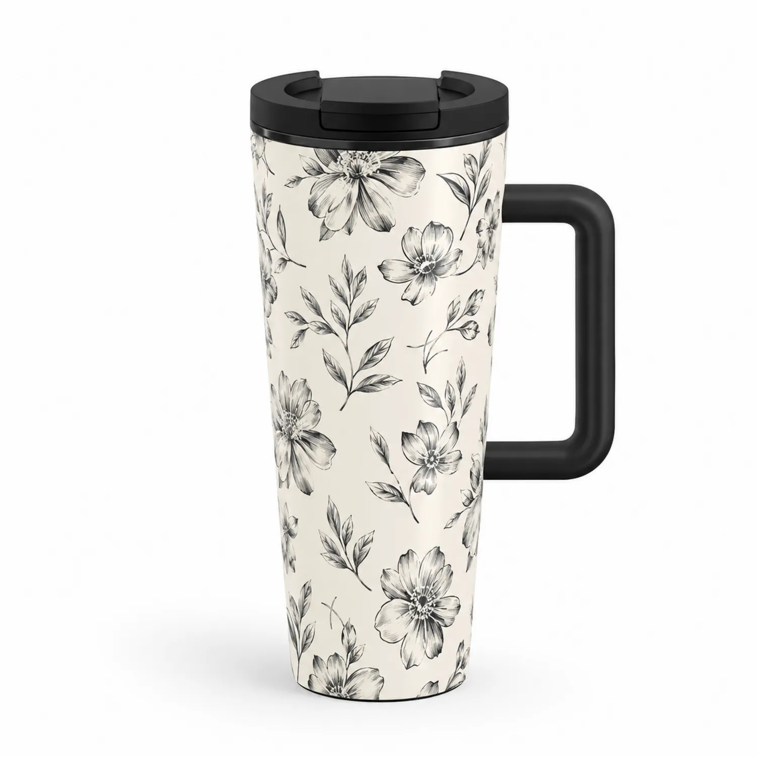 Tasse Isotherme à Motif Floral Noir Et Blanc 450ml