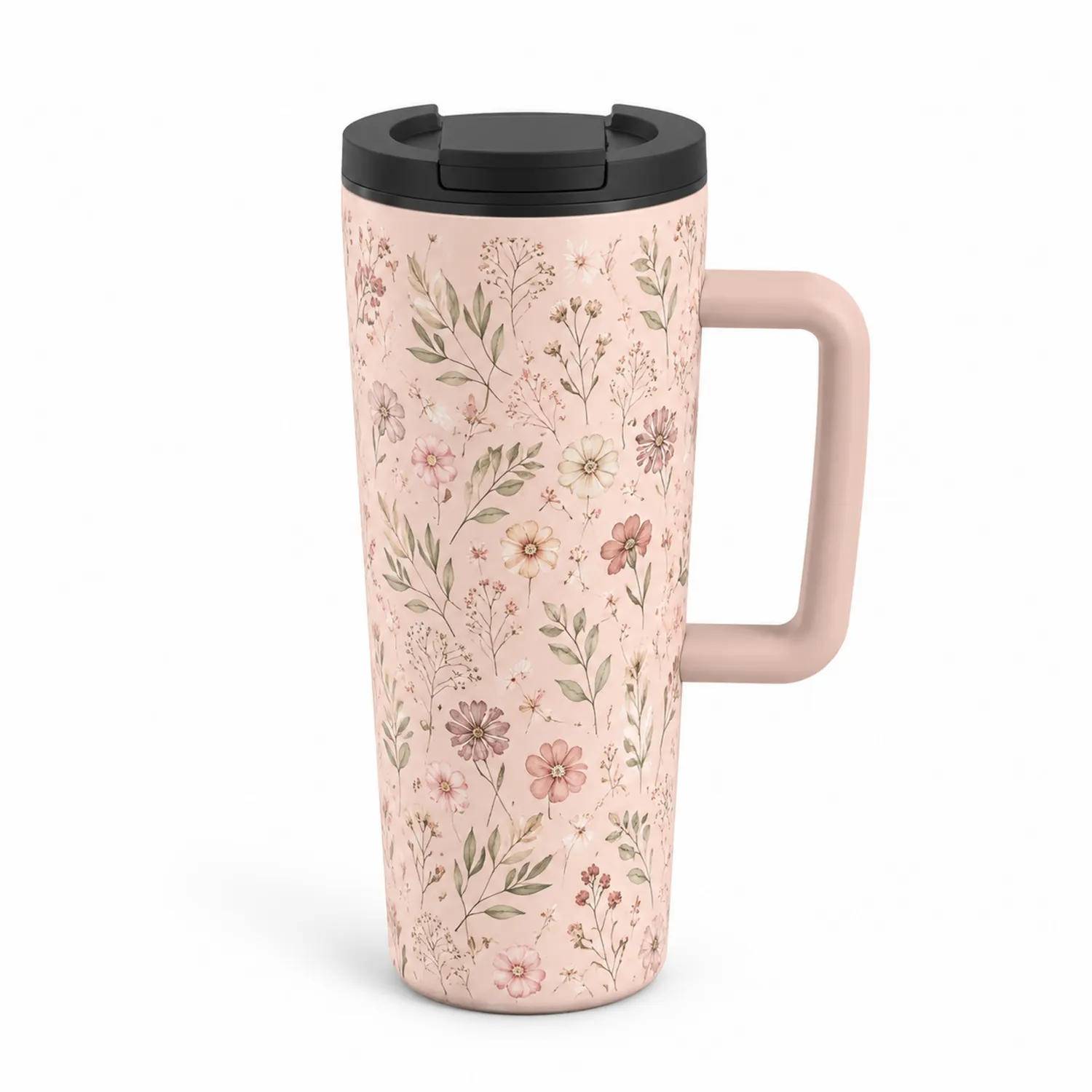 Mug isotherme à motif floral rose avec poignée