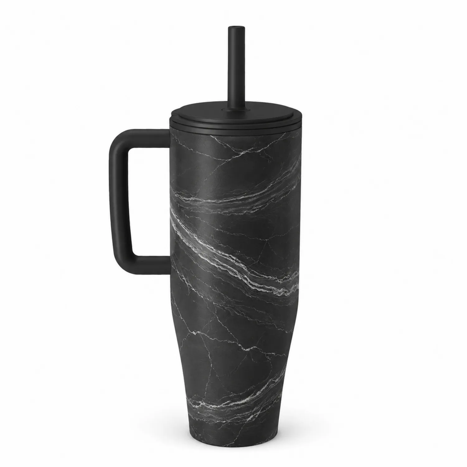 Tasse Isotherme 700ml avec Couvercle et Paille Noir Marbré
