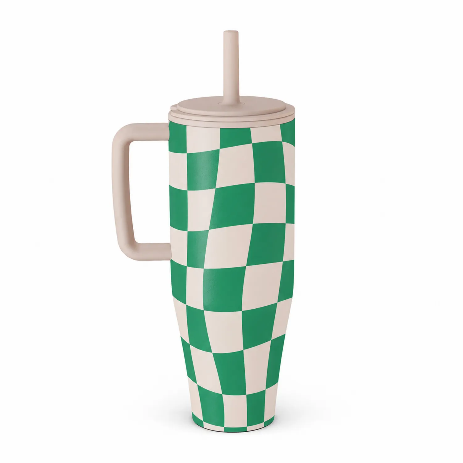 Tasse isotherme avec paille intégrée - Carreaux Verts et Blancs