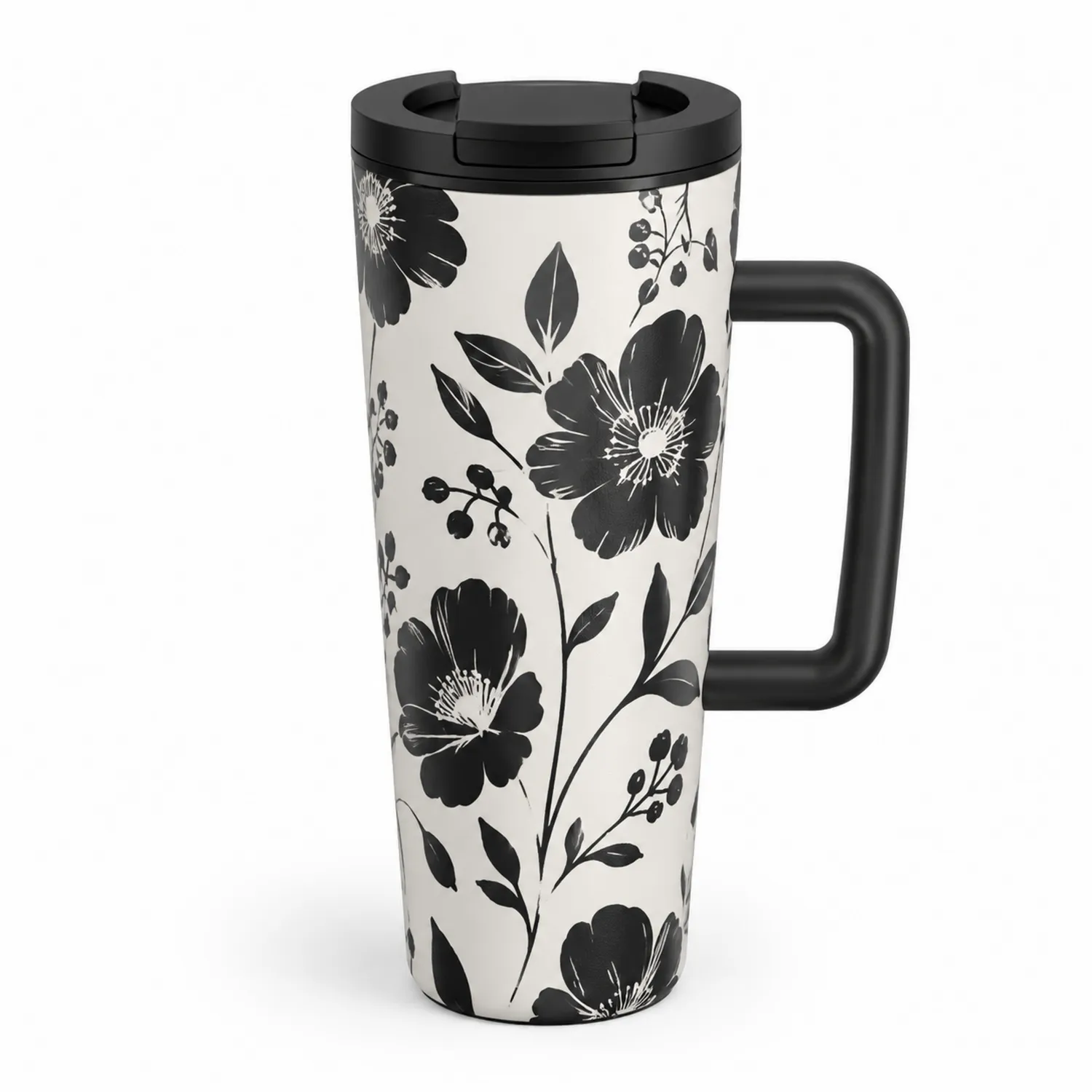 Mug de Voyage Isotherme à Motif Floral Noir et Blanc