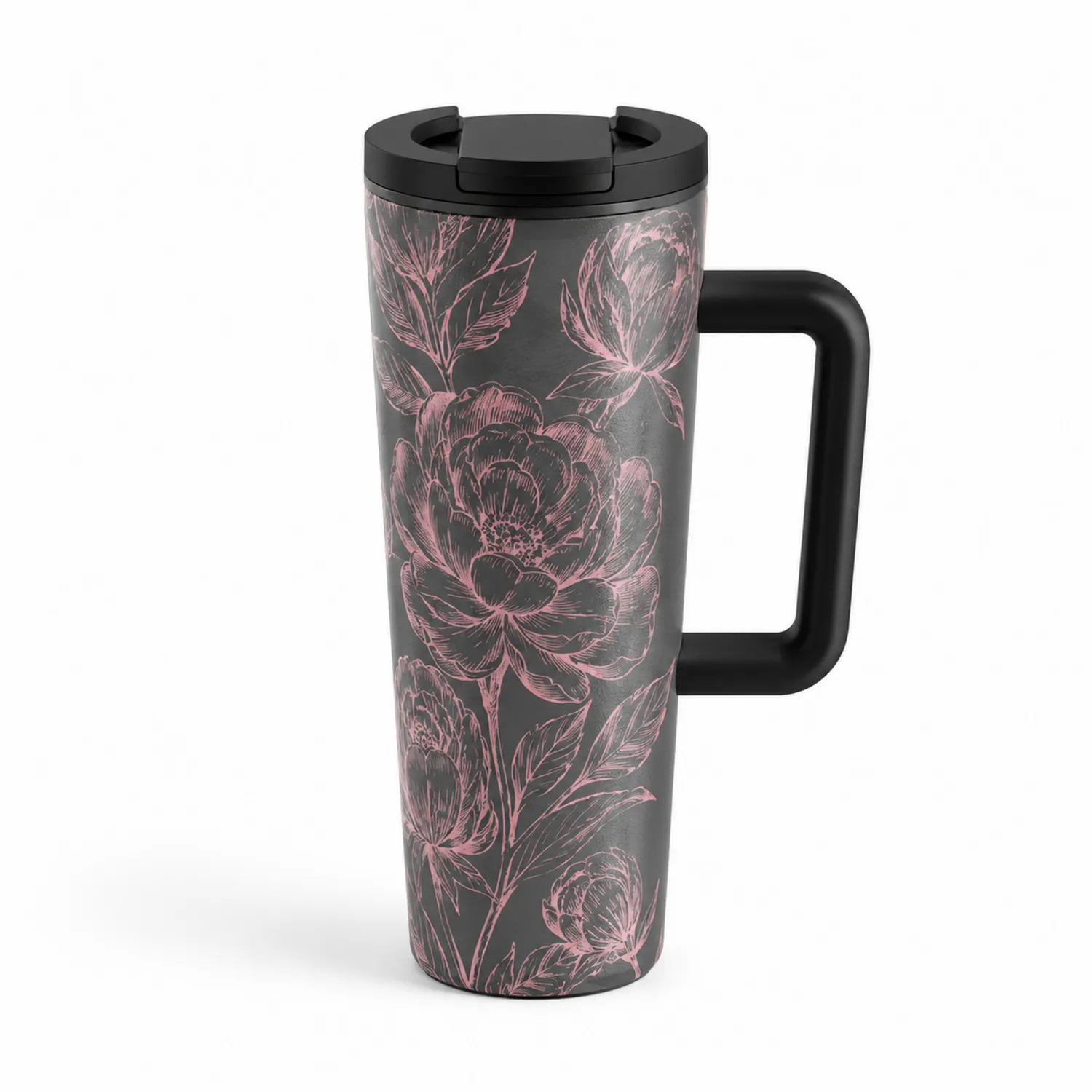 Tasse de voyage à motif floral noir et rose 500ml