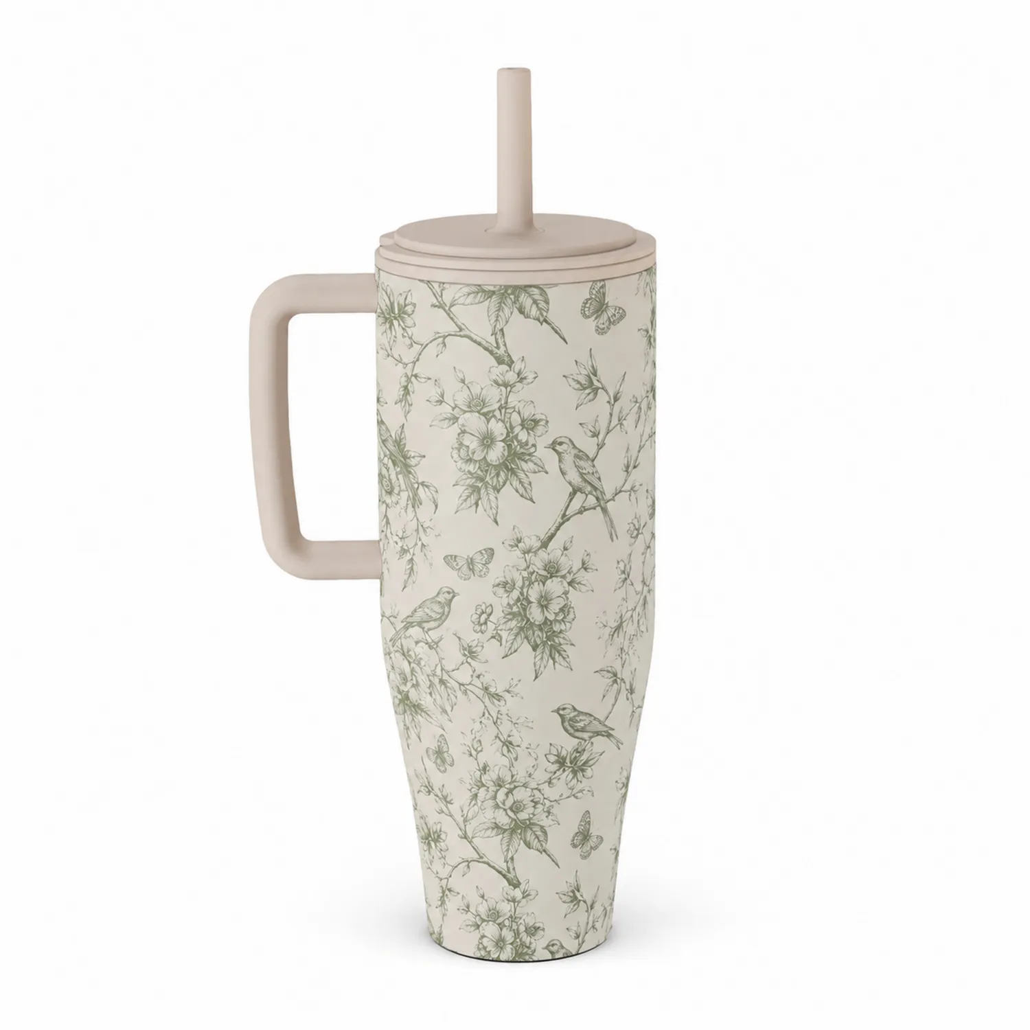 Grande tasse beige à motif floral avec paille