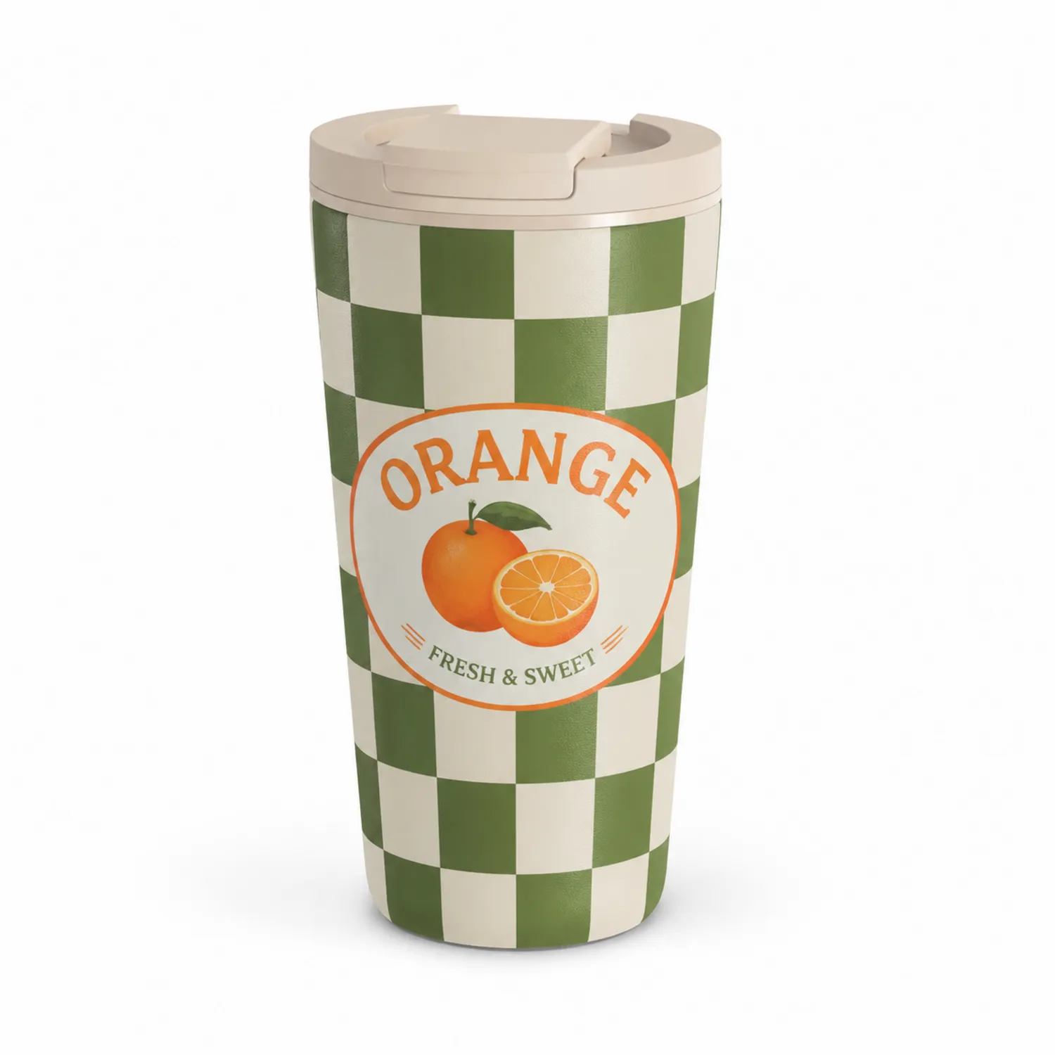 Gobelet isotherme 500ml à carreaux verts et blancs avec motif d'orange