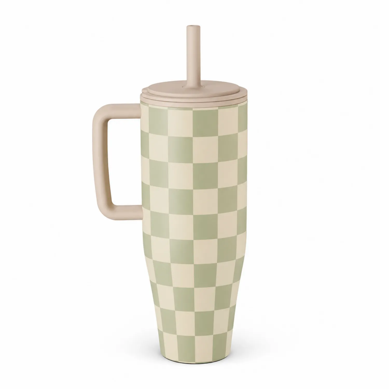 Tasse Thermique avec Paille 450ml Motif Carreaux Beige et Vert