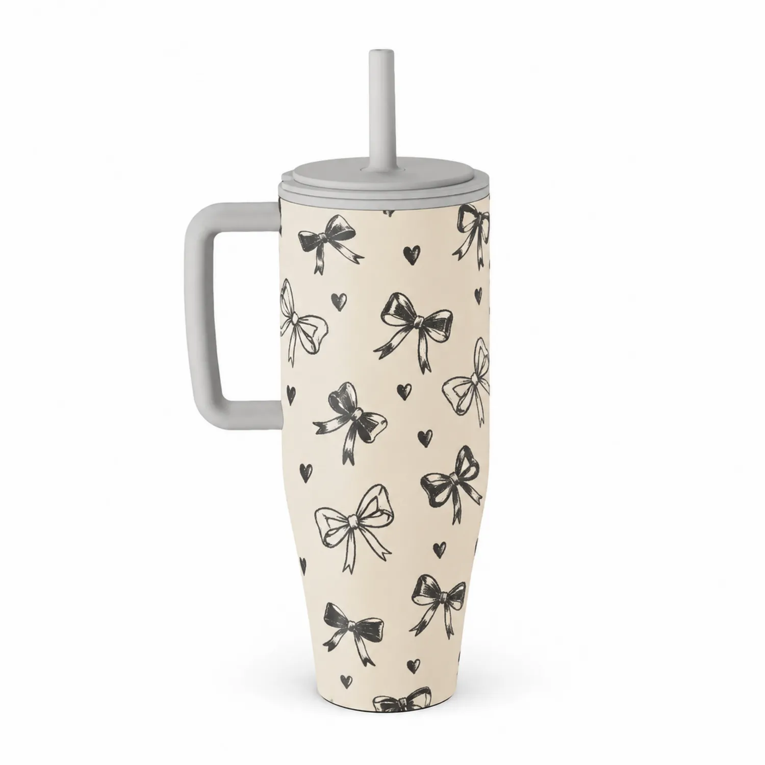 Tasse Isotherme avec Paille Motif Noeuds 500ml Beige/Noir
