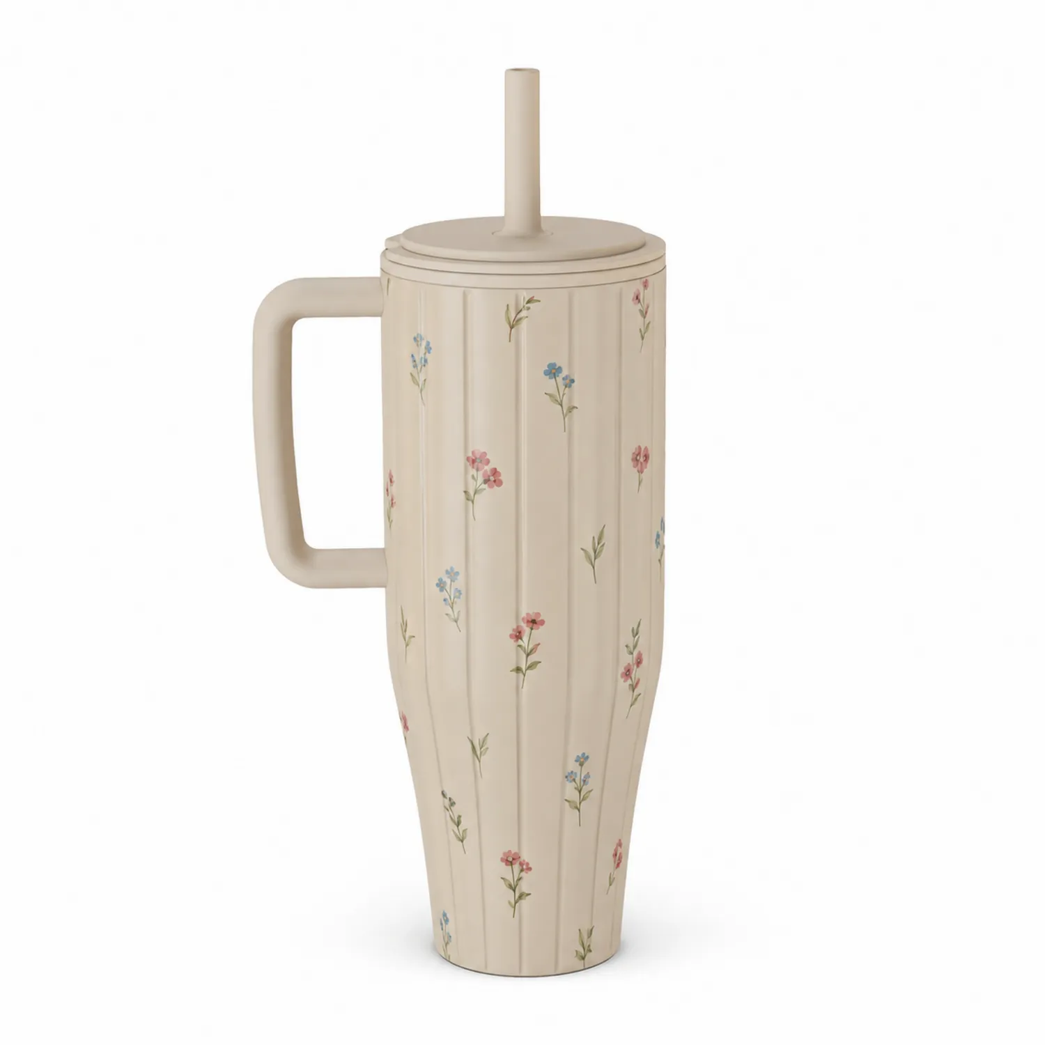 Mug isotherme avec paille motif floral 500ml Beige