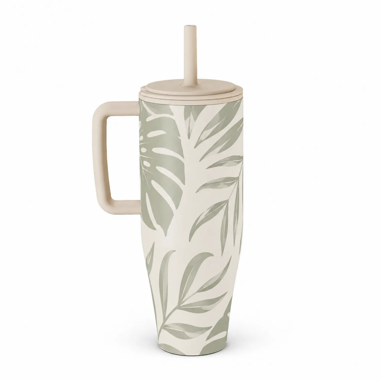 Gobelet isotherme feuilles tropicales avec anse et paille intégrée - Beige/Vert