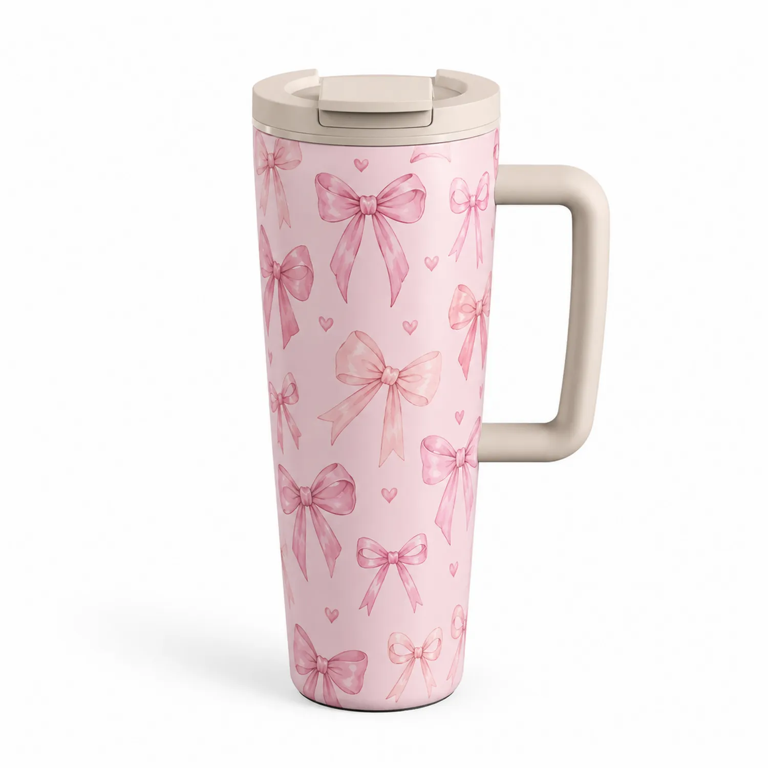 Tasse de voyage isolante 500ml rose avec motifs de nœuds