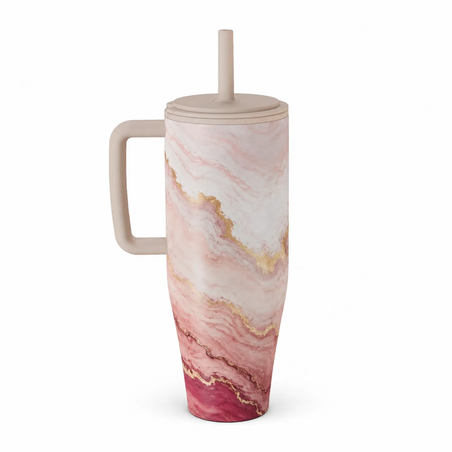 Gobelet Thermique Design Marbre Rose avec Anse et Paille
