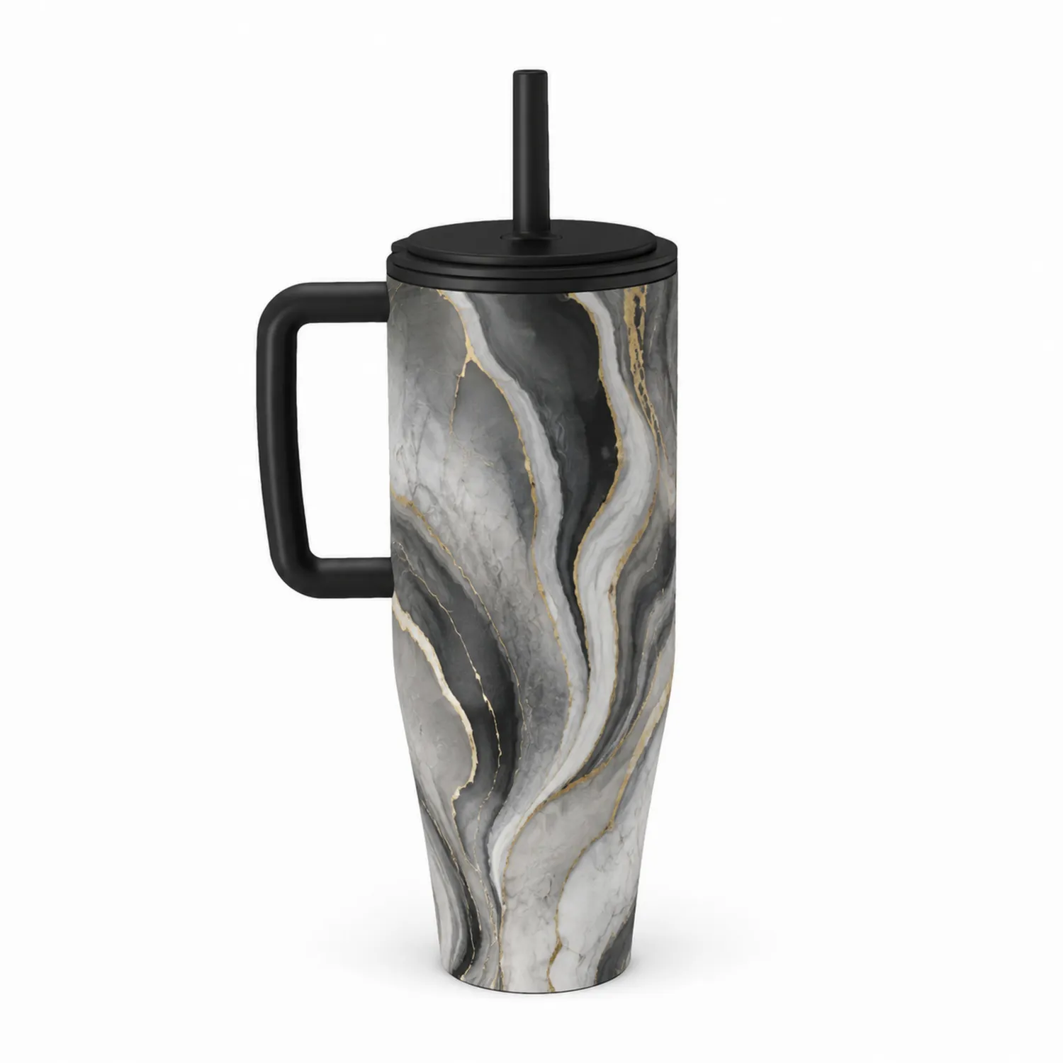 Tasse Isotherme avec Paille en Marbre Gris 750ml
