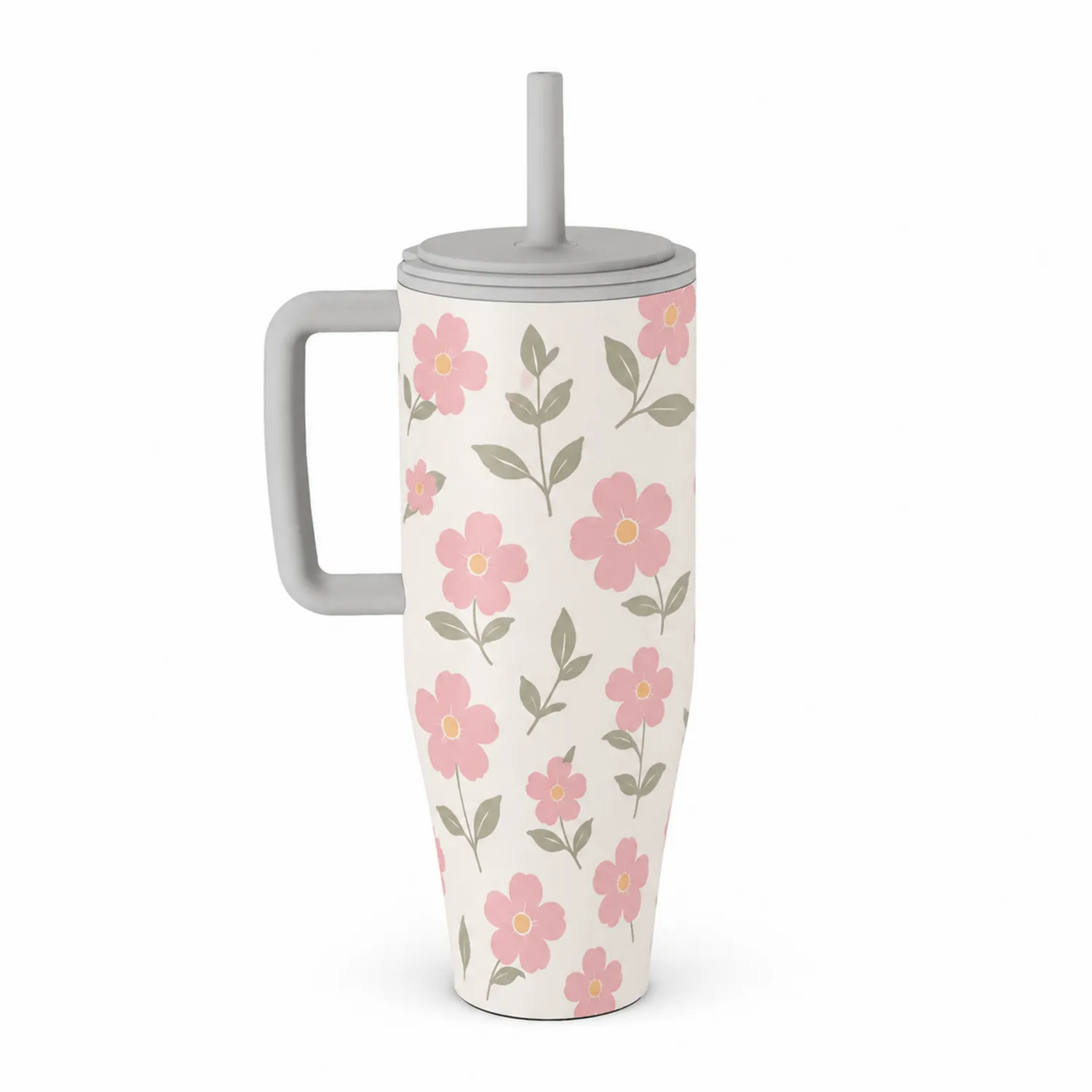 Tasse Isotherme Florale avec Anse et Paille - Blanc/Rose 500 ml