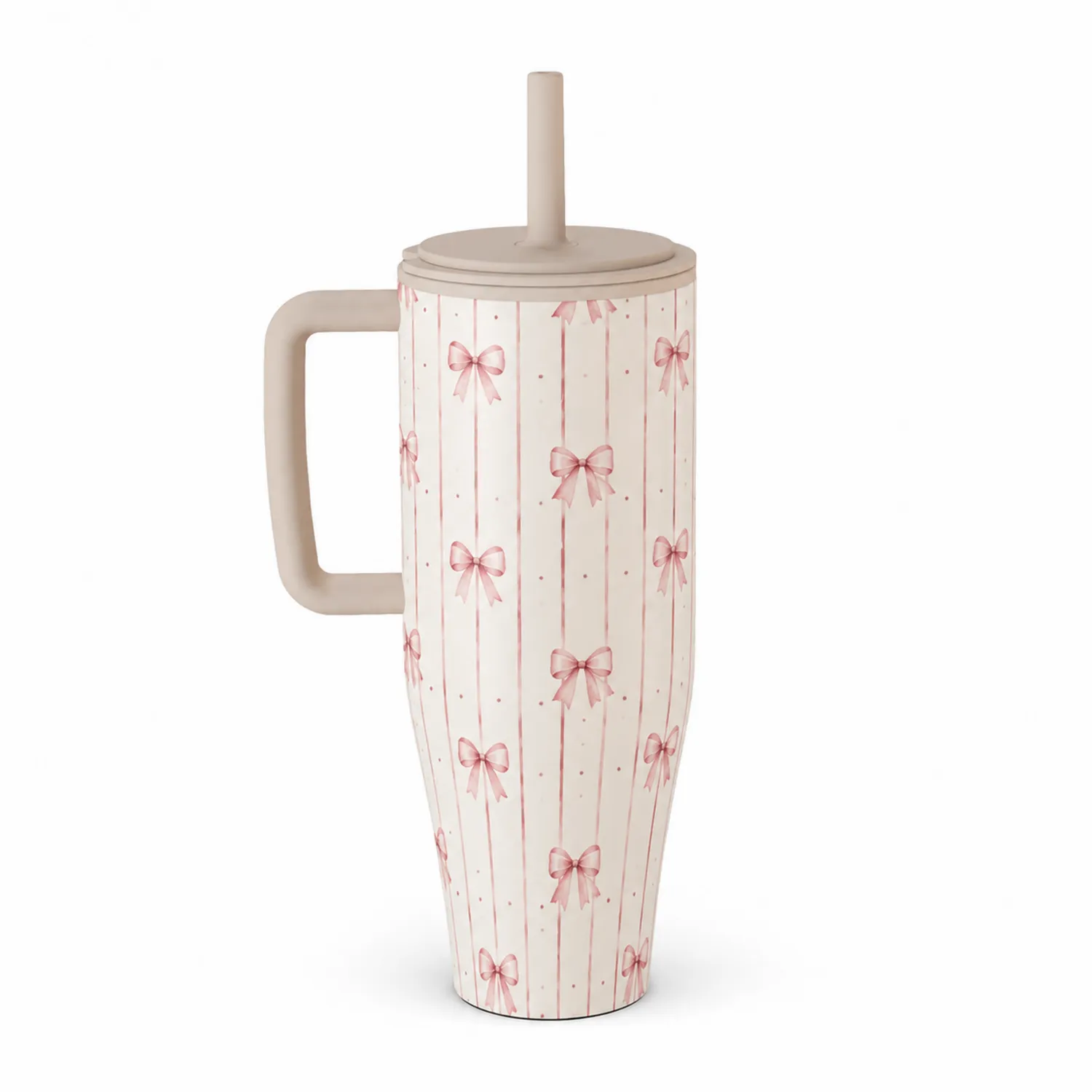 Tasse isotherme avec paille et motif nœud 750ml beige et rose