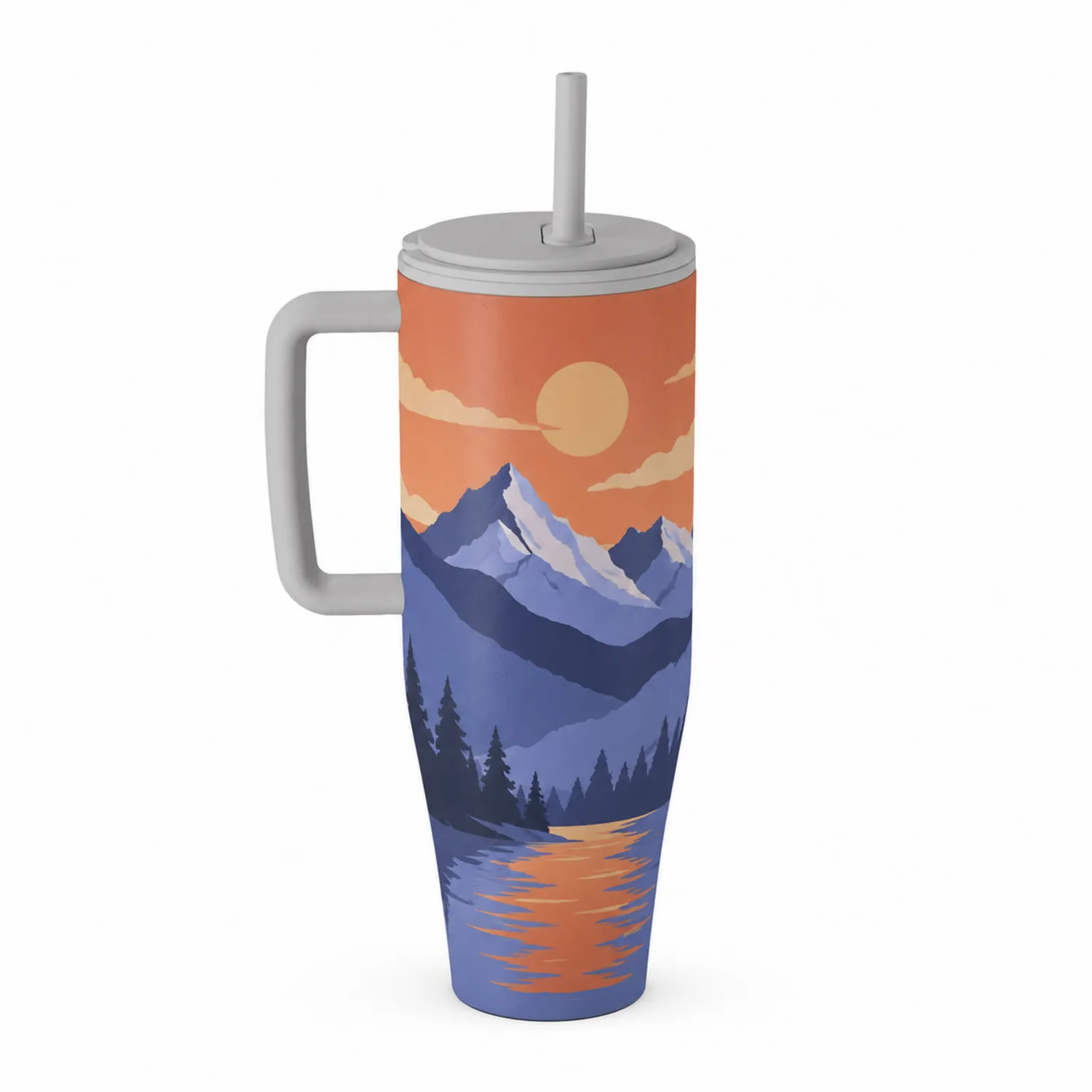 Gobelet isotherme paysage montagne avec paille 850ml