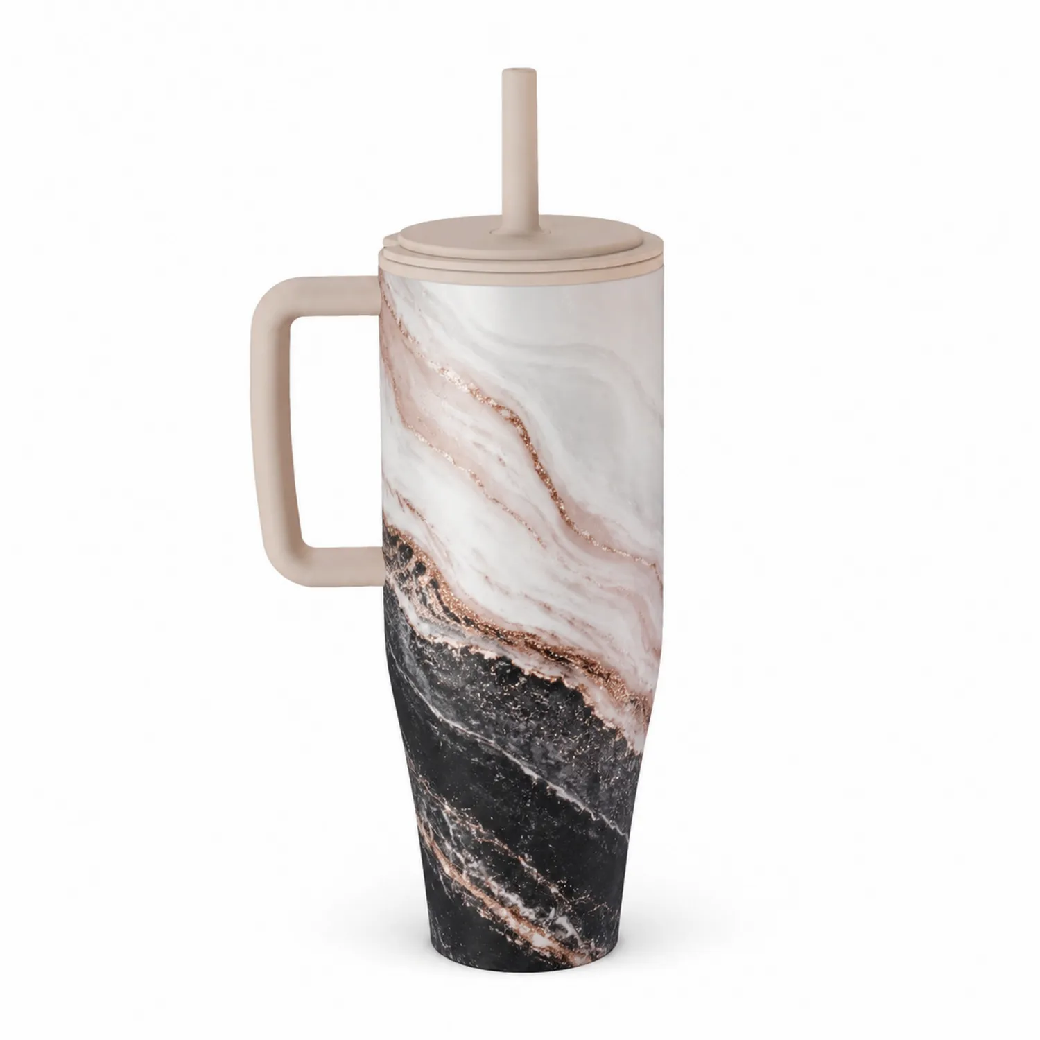 Tasse Isotherme Marbrée avec Paille 600ml Beige/Noir/Blanc