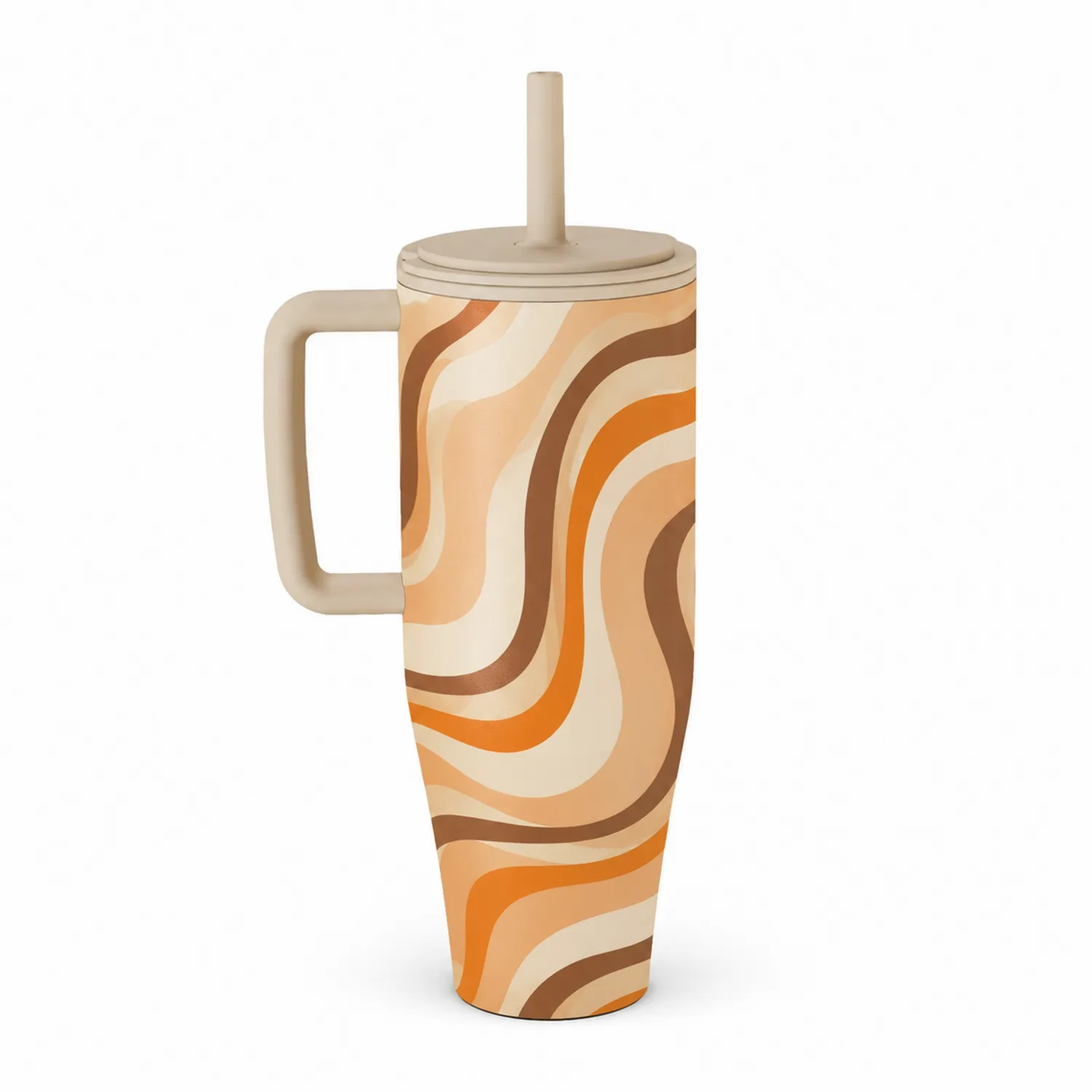 Gobelet isotherme avec paille 700 ml motif ondulé orange et beige