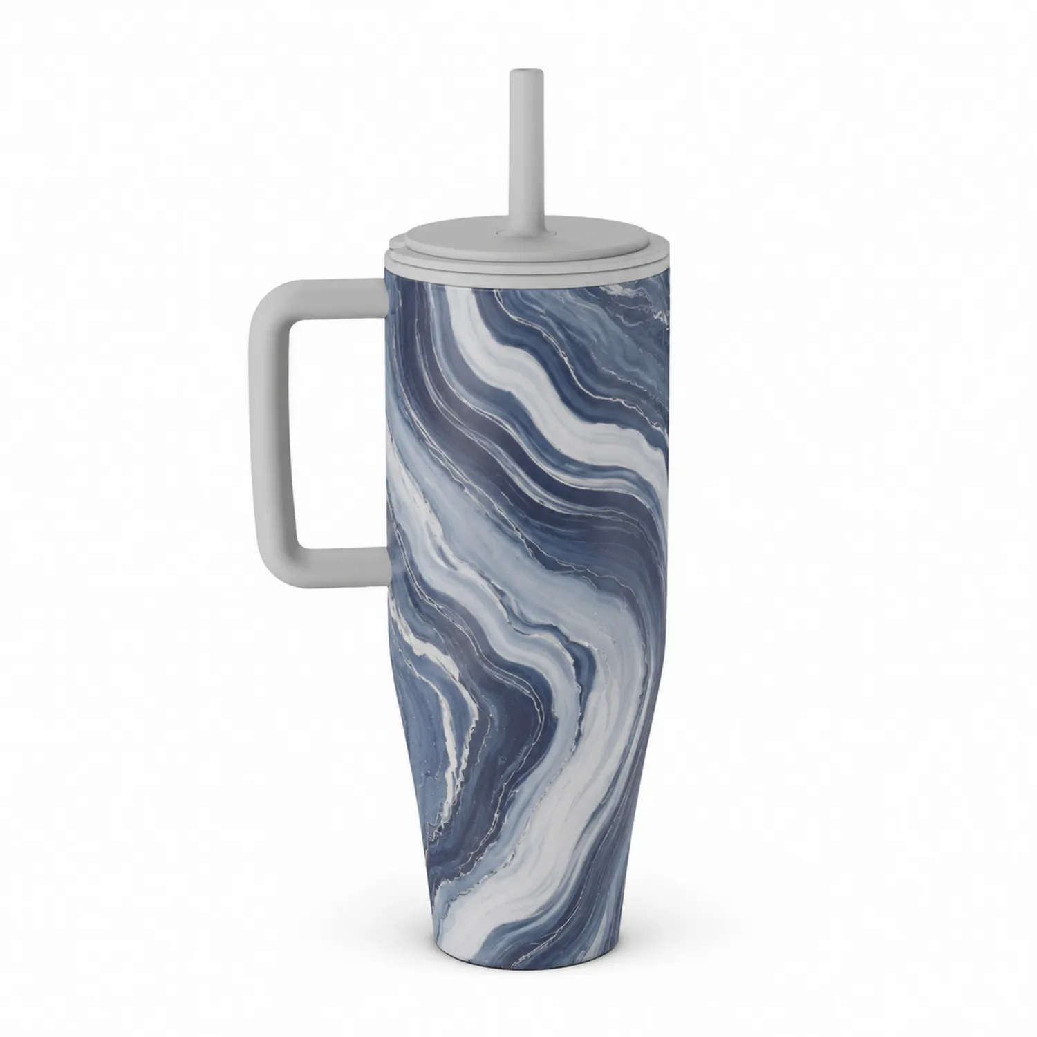 Gobelet Thermique avec Paille 600ml Motif Marbré Bleu et Blanc