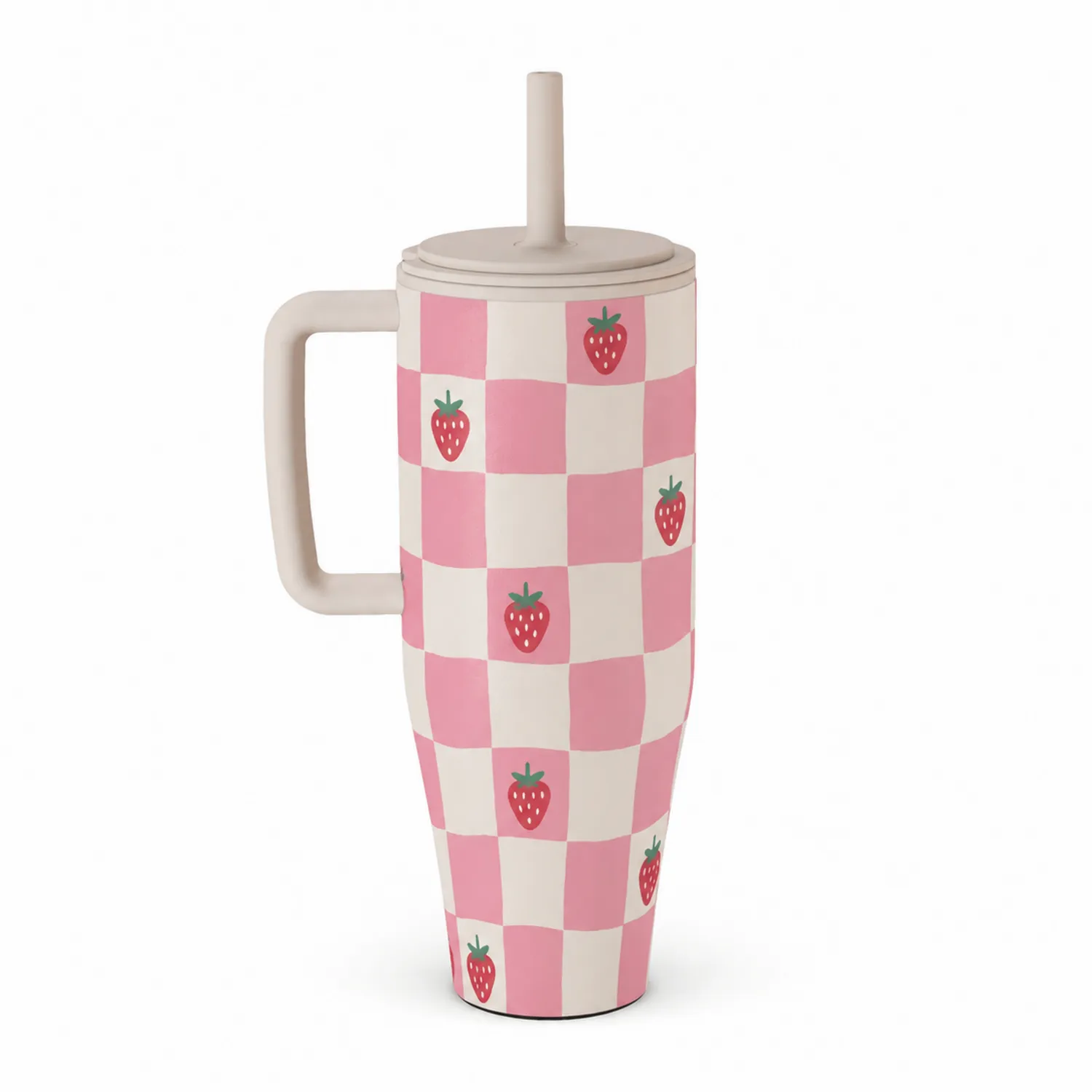 Gobelet isotherme à motif fraise rose et blanc avec poignée