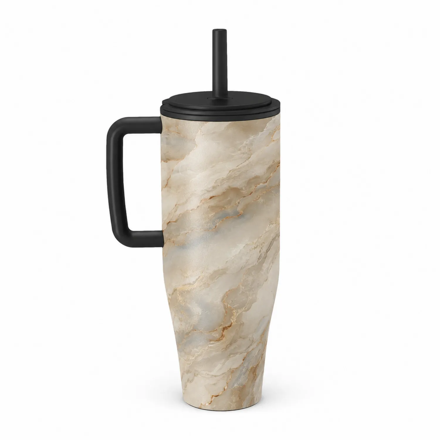 Tasse isotherme 500 ml motif marbre avec couvercle et paille