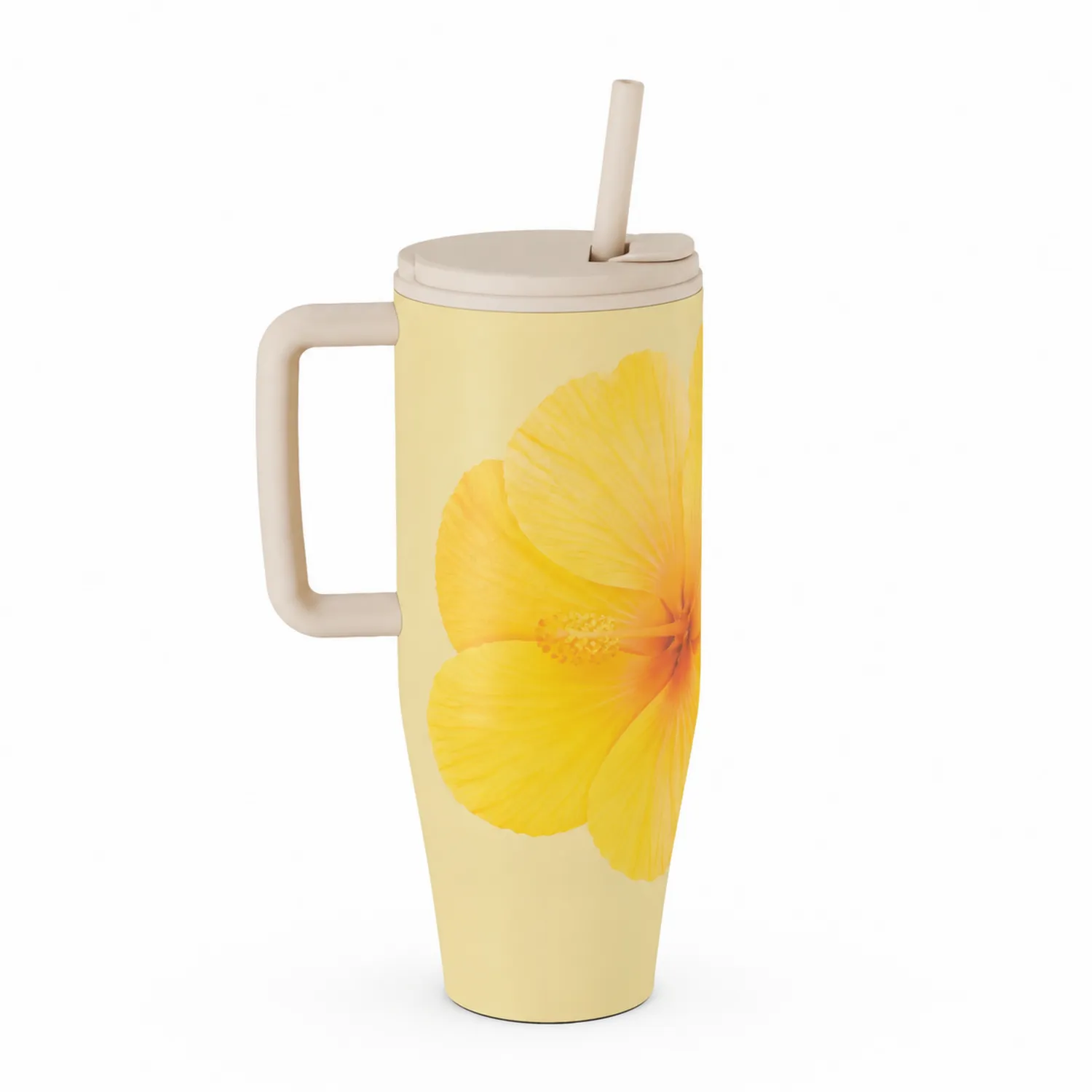Mug isotherme avec paille 450 ml motif floral jaune