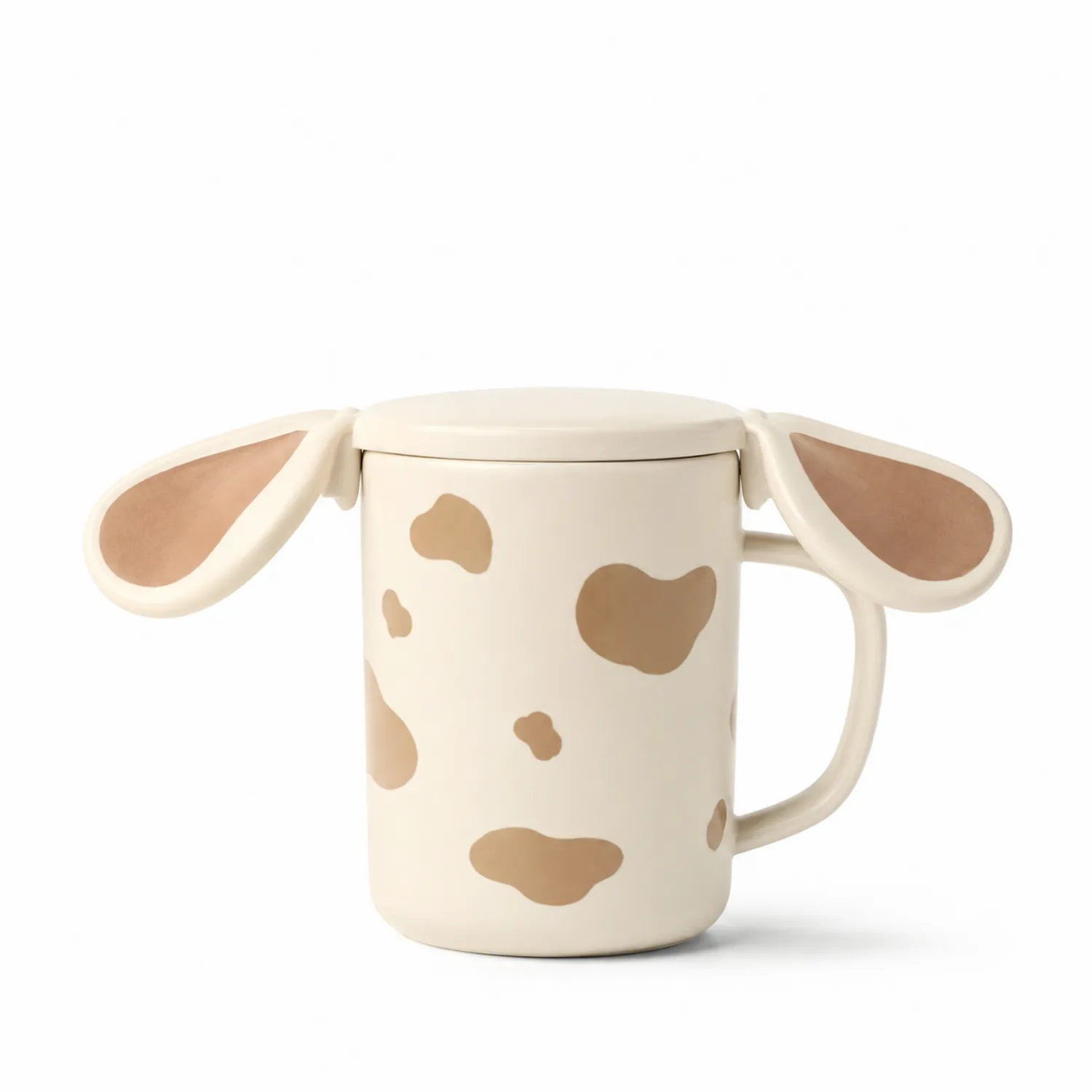 Tasse en Céramique Motif Animal avec Couvercle - Beige et Marron
