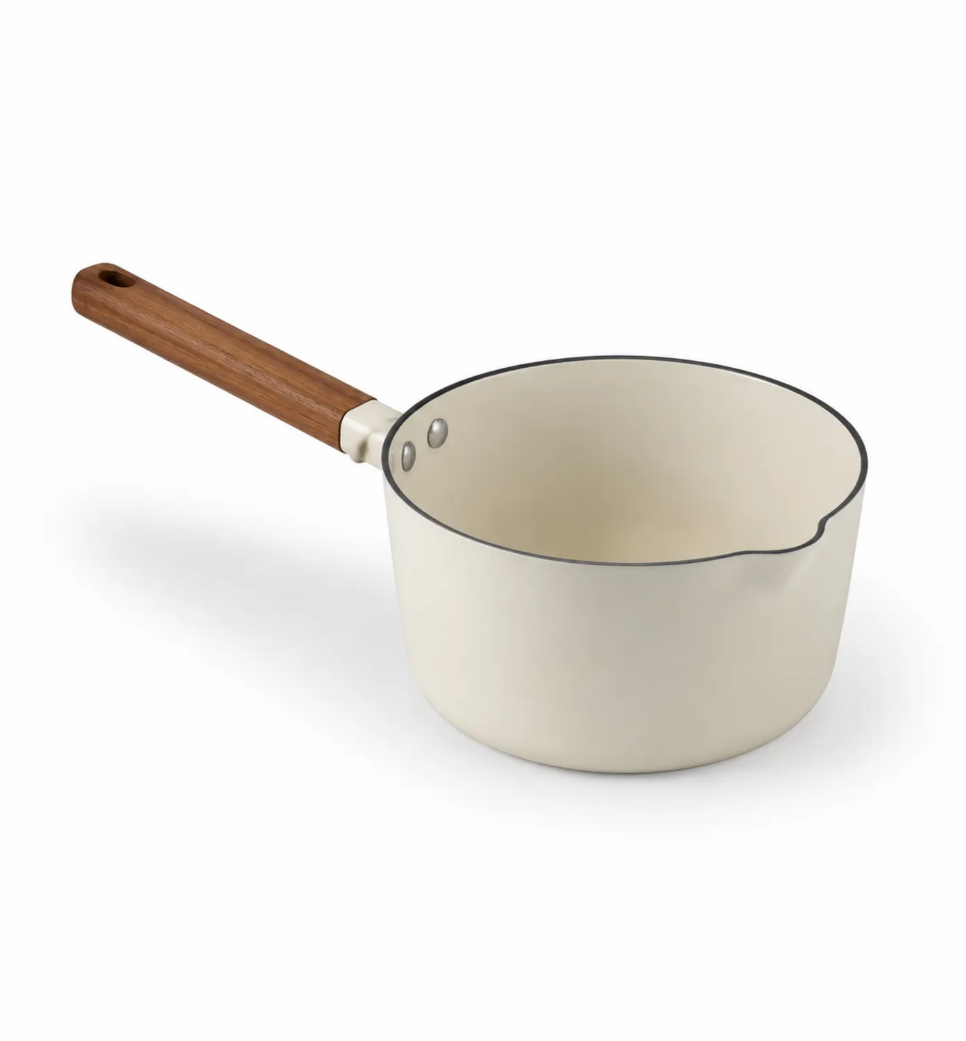 Casserole en céramique beige avec poignée en bois
