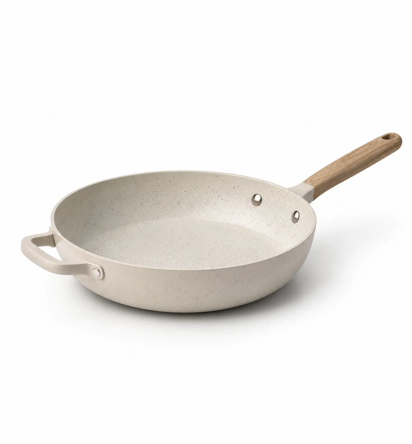 Poêle antiadhésive en céramique beige avec poignée en bois