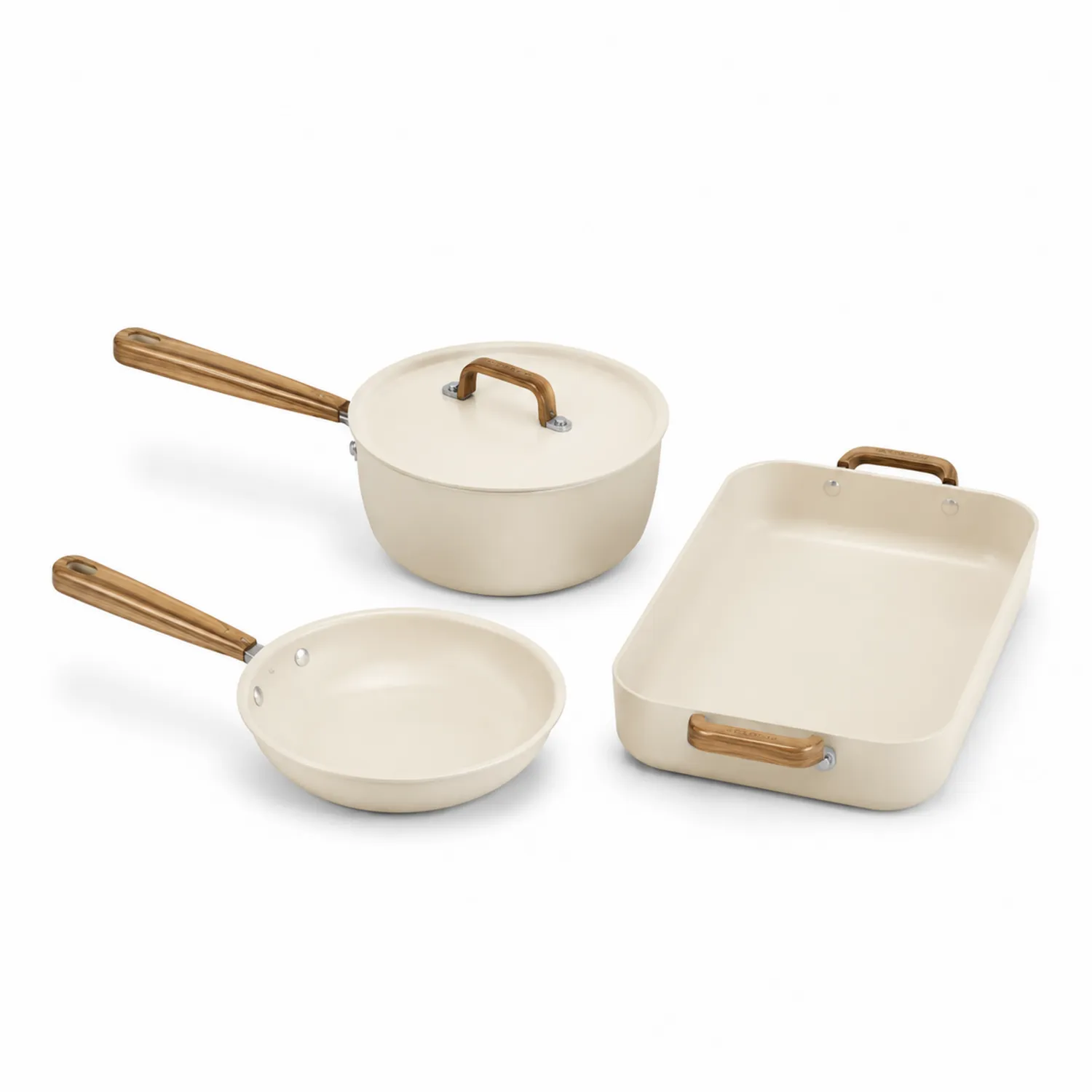 Ensemble de cuisine 3 pièces ivoire avec poignées en bois
