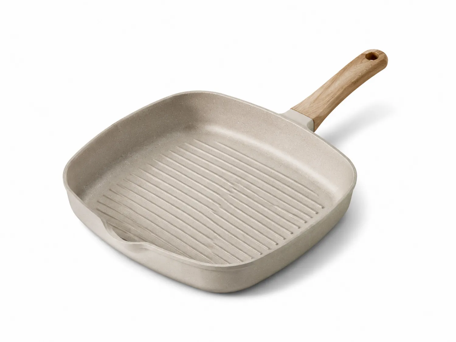Poêle à griller carrée beige avec manche en bois