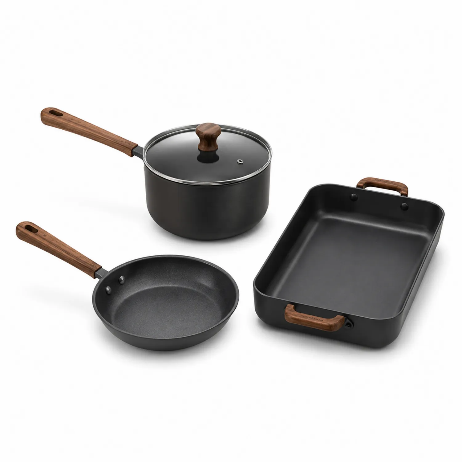 Ensemble de Cuisinière Antiadhésif avec Poignées en Bois - Noir