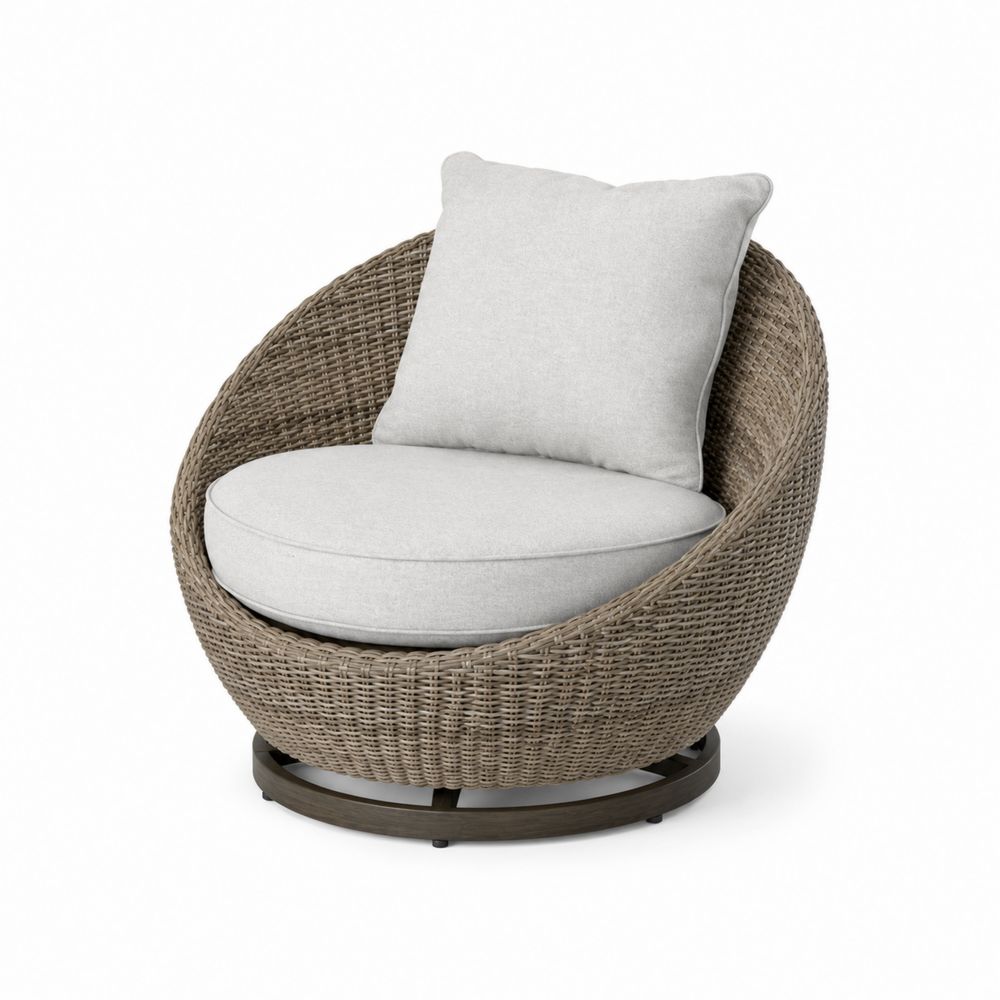 Poltrona Rotonda in Rattan Sintetico con Cuscini in Poliestere Grigio Chiaro