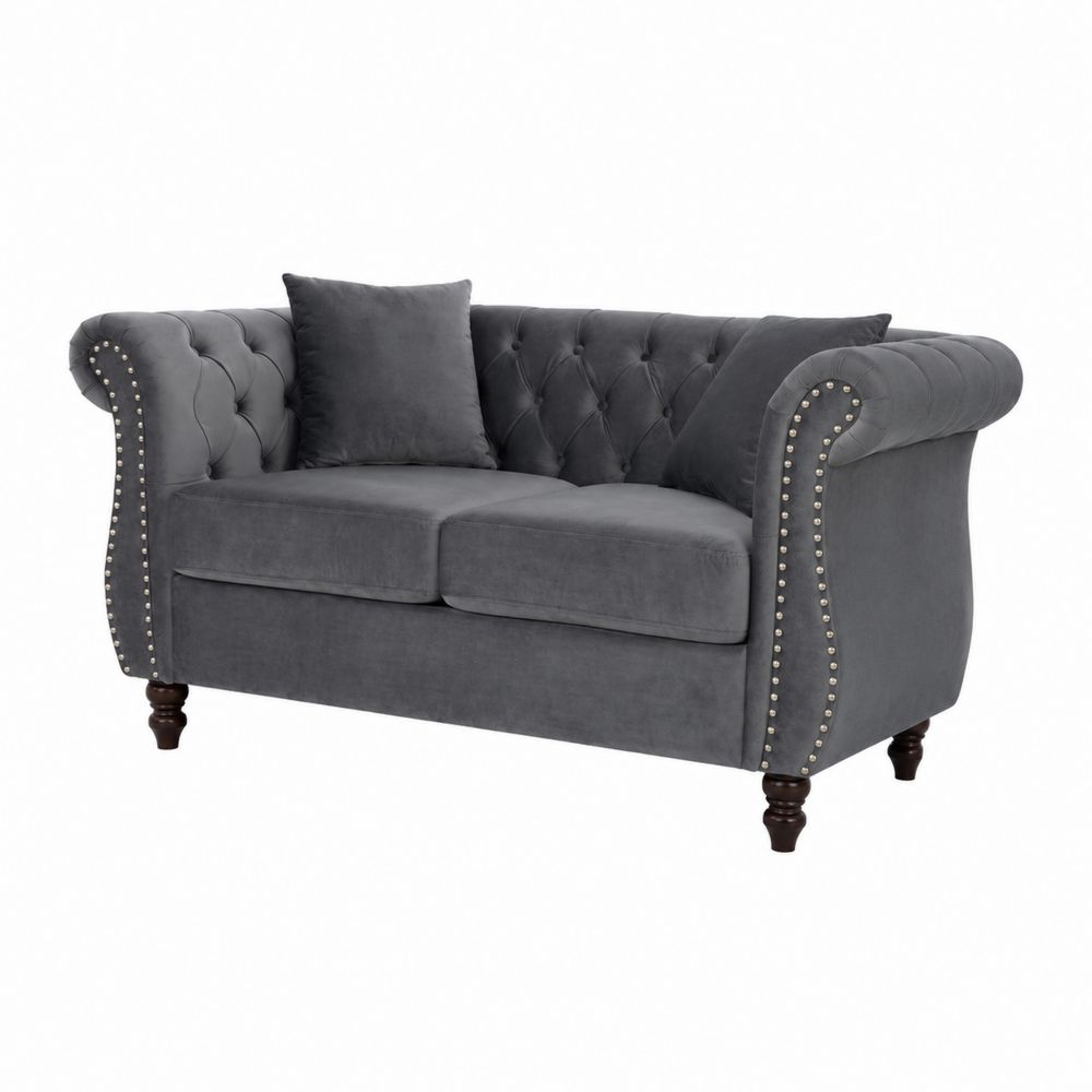 Divano Loveseat in Velluto Poliestere Grigio con Gambe in Legno