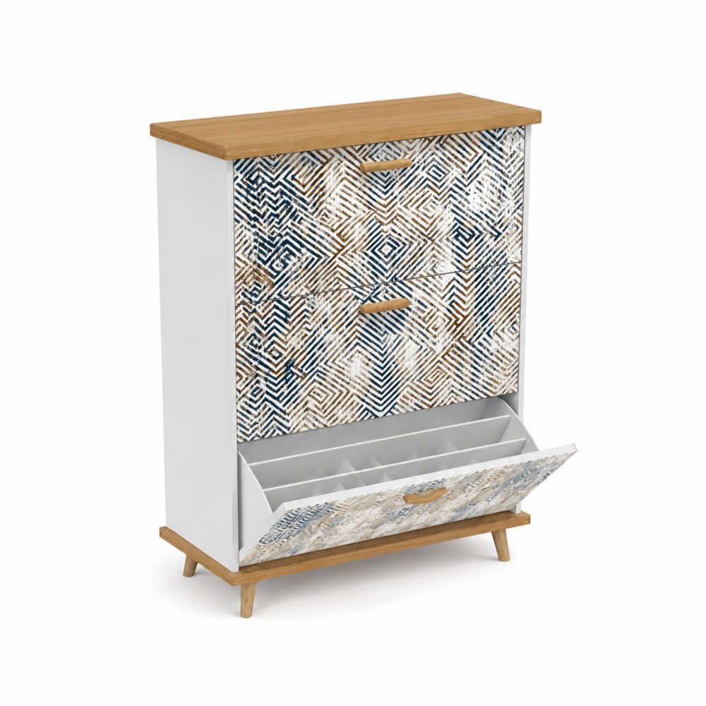 Scarpiera in MDF e Legno con Motivo Geometrico Bianco e Marrone