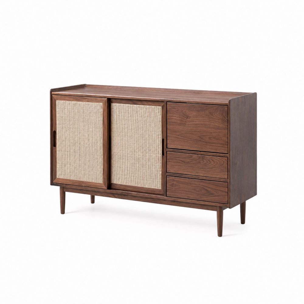 Credenza in Legno e Rattan con Ante Scorrevoli Noce