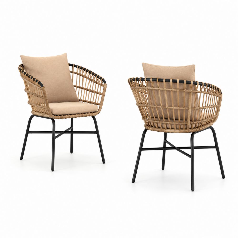 Set di 2 Sedie da Esterno in Rattan Sintetico con Cuscini Beige