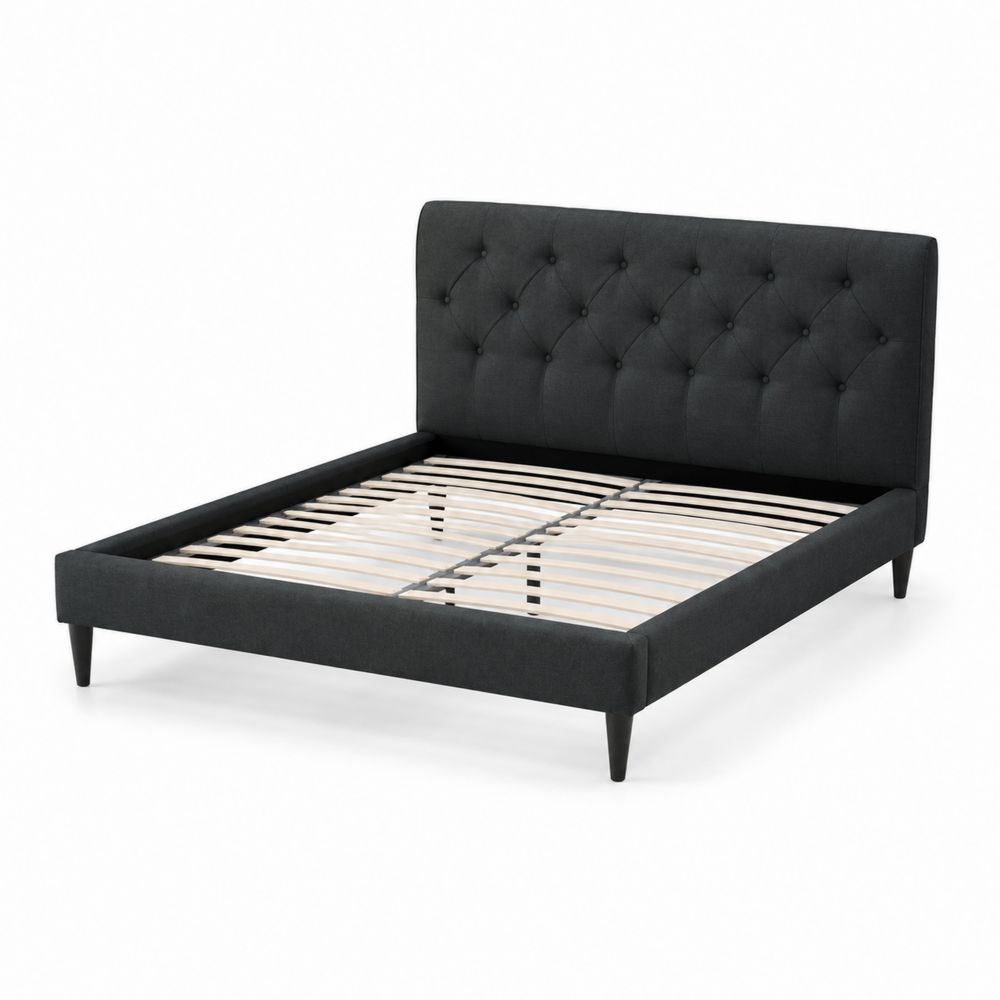 Letto matrimoniale con testiera in tessuto e struttura in legno, 200x160 cm, Grigio Scuro