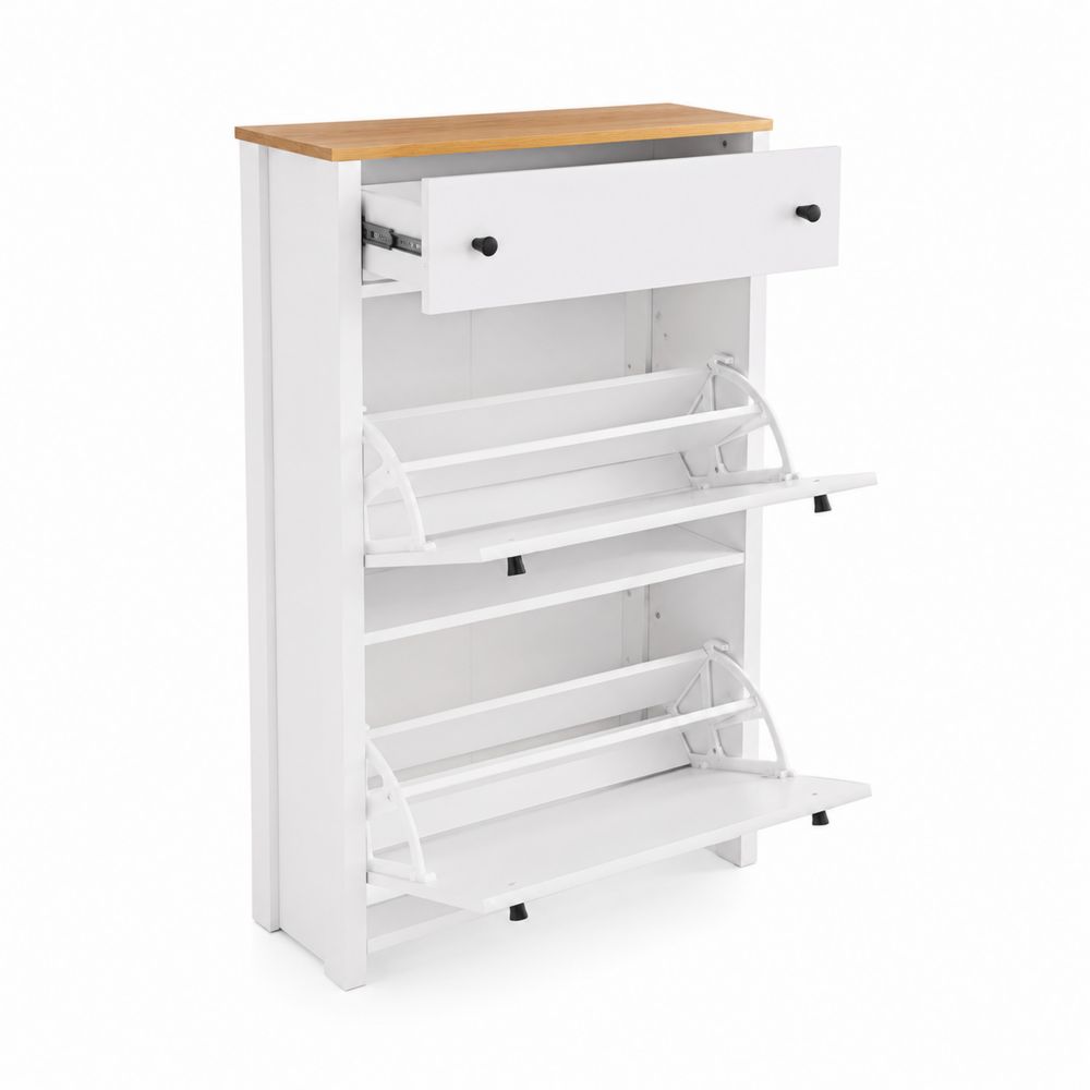 Scarpiera a Ribalta con Cassetto in Legno e MDF Bianco