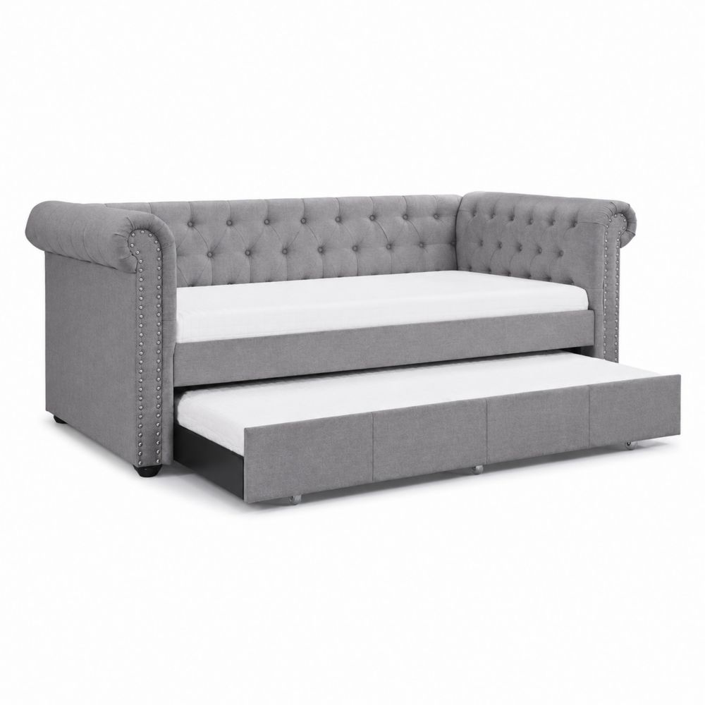 Divano letto in tessuto grigio con cassetto letto estraibile
