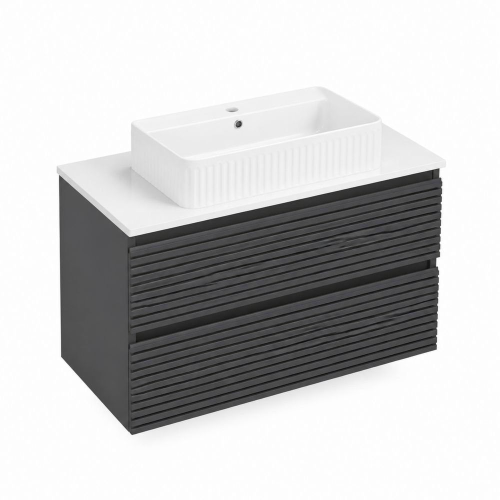 Mobile bagno con lavabo in porcellana bianca e struttura in legno nero