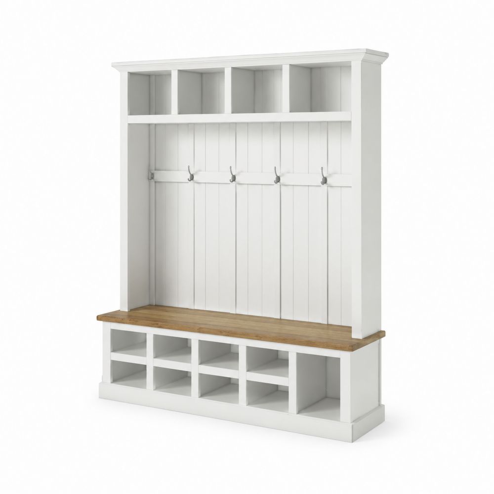 Appendiabiti con panca in legno di pino e rovere bianco
