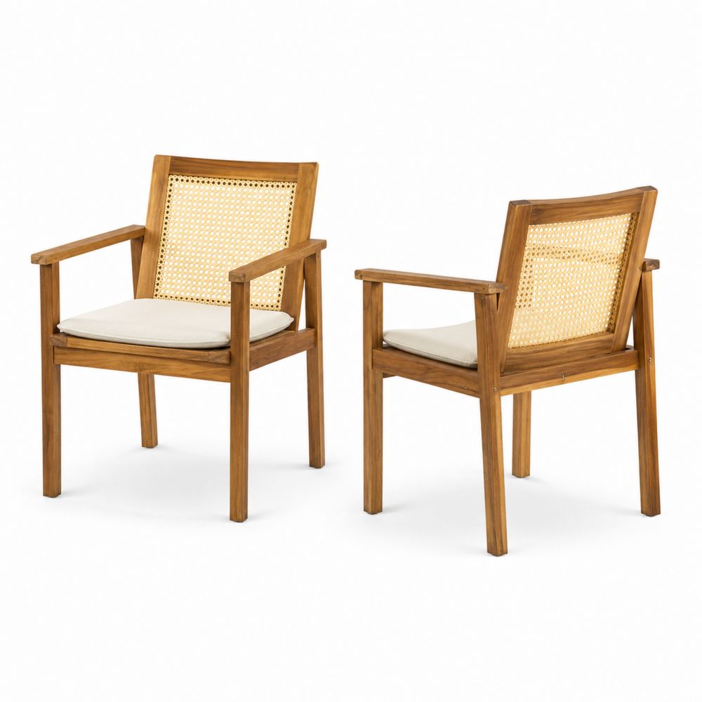 Set di 2 sedie da giardino in legno con schienale in rattan