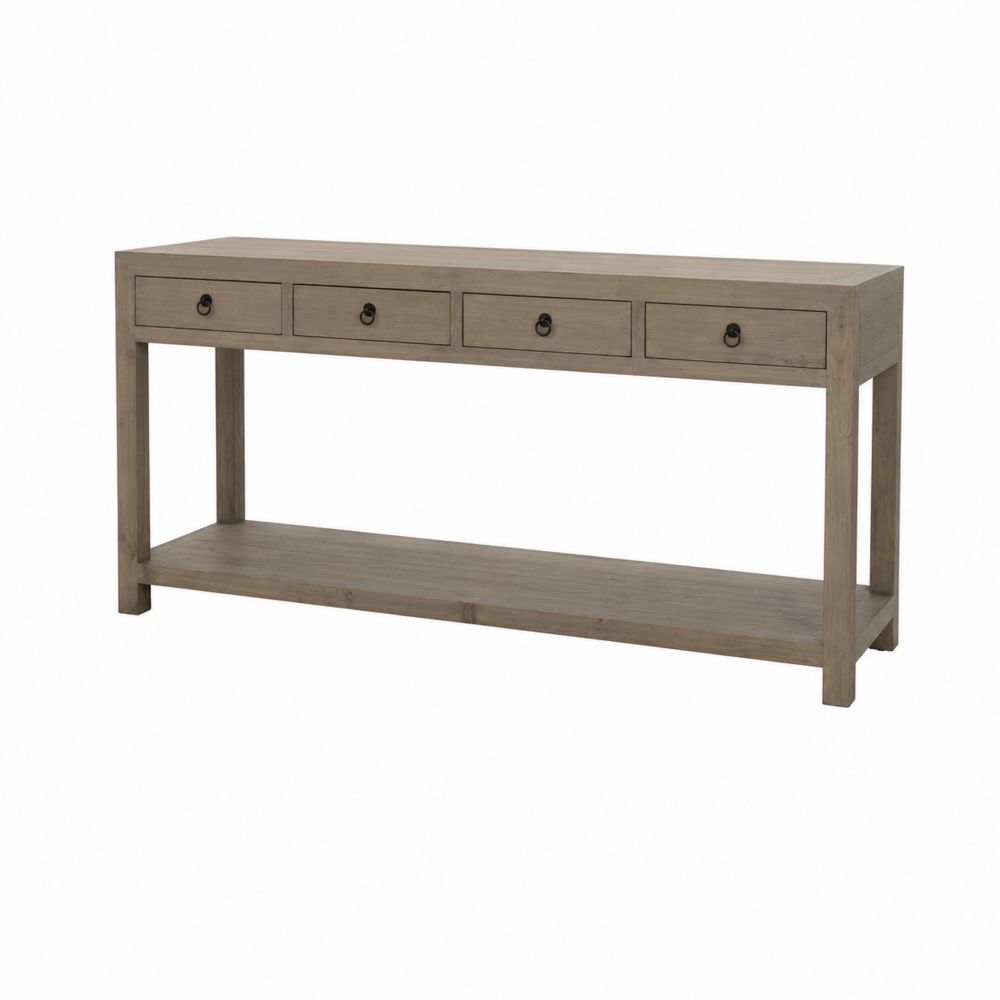 Consolle in legno massello con 4 cassetti, 140x35x80 cm, Marrone
