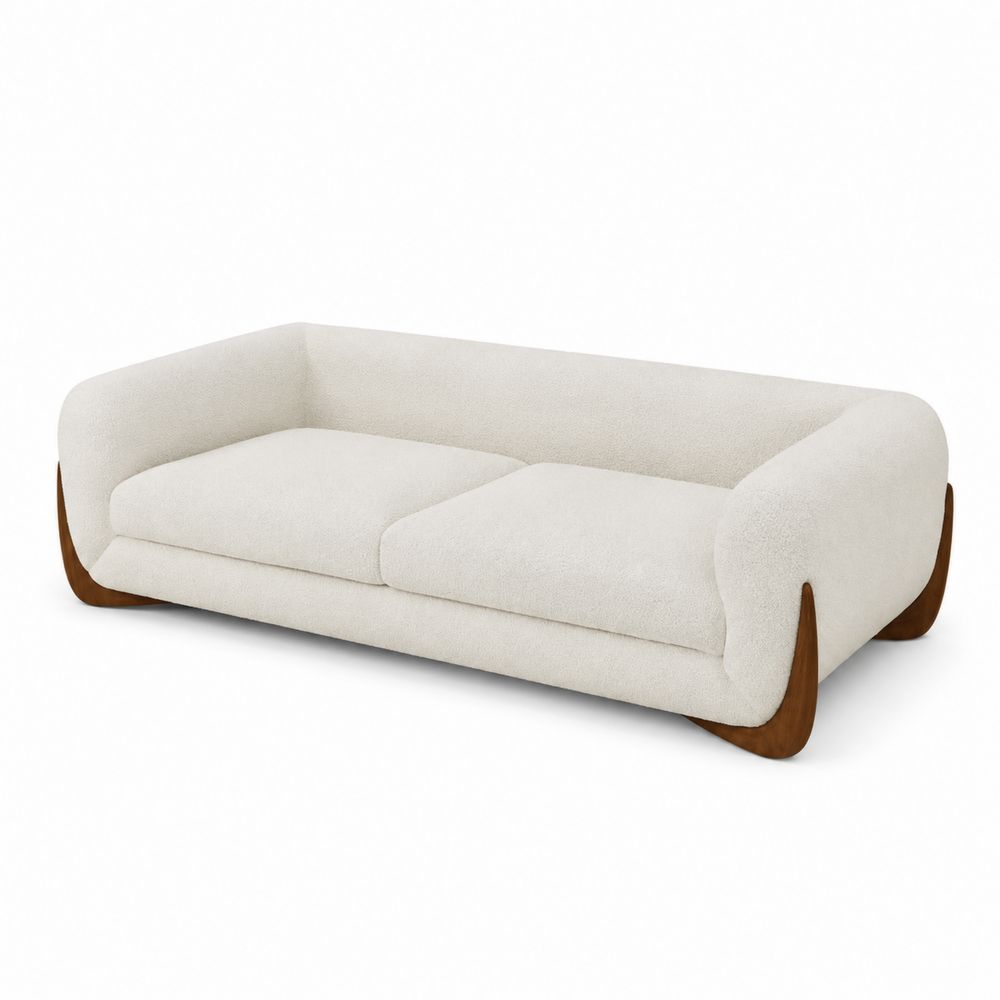 Divano 3 posti in tessuto bouclé Crema con base in legno