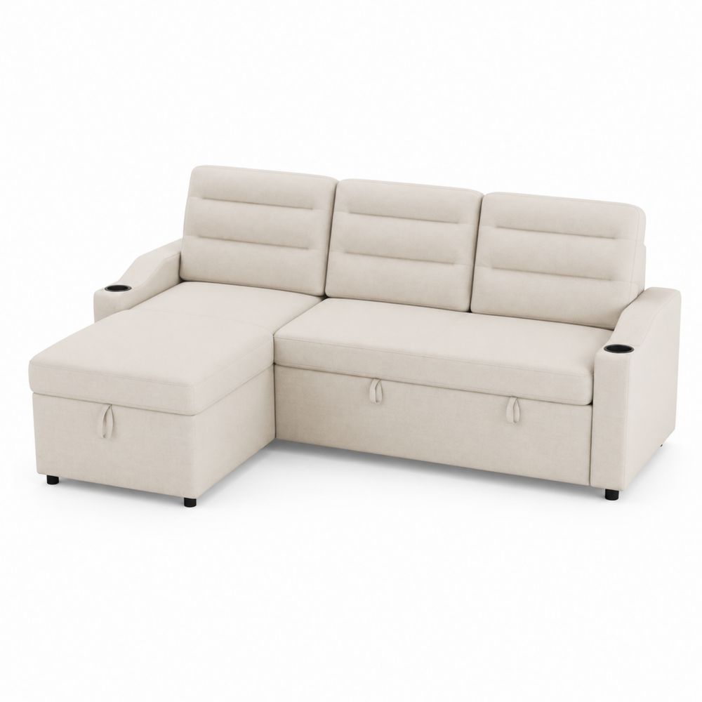 Divano angolare in tessuto beige con contenitore e portabicchieri