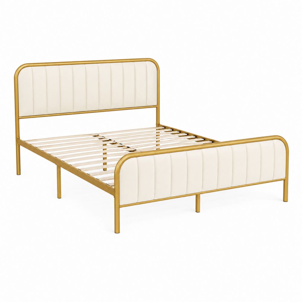 Letto matrimoniale in metallo con imbottitura in pelle sintetica bianca e struttura dorata