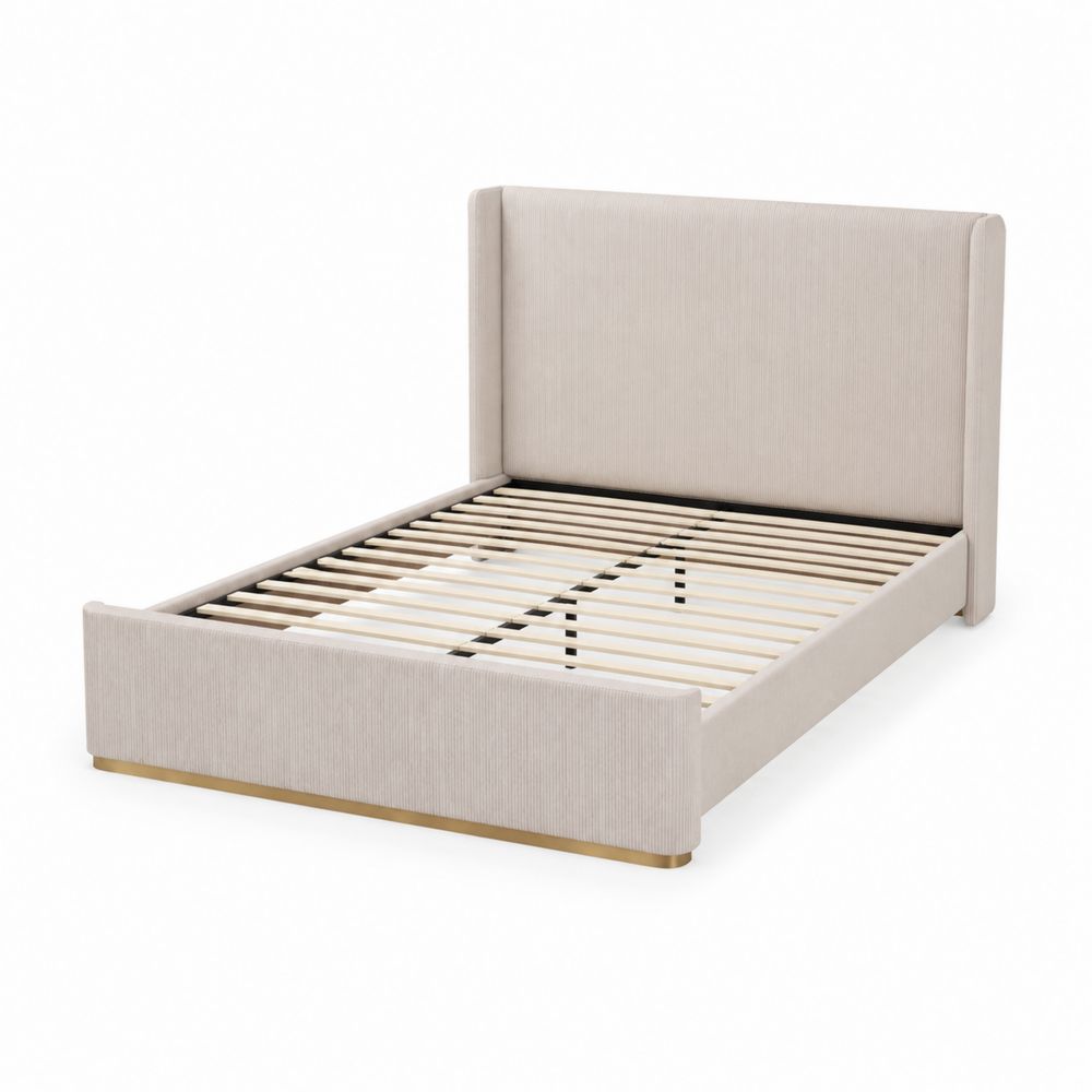 Letto matrimoniale in tessuto beige con testiera imbottita