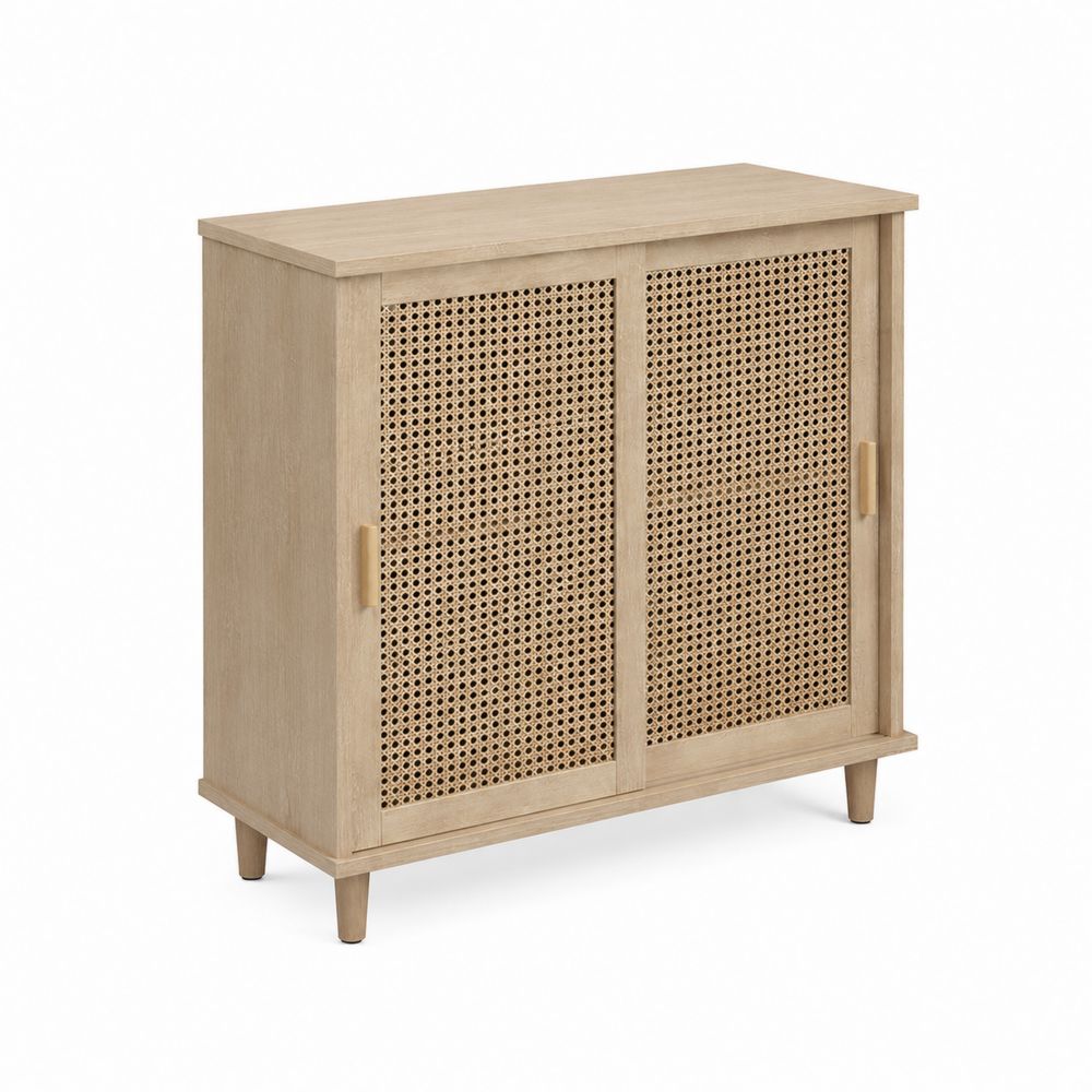 Credenza a due ante scorrevoli in legno e rattan