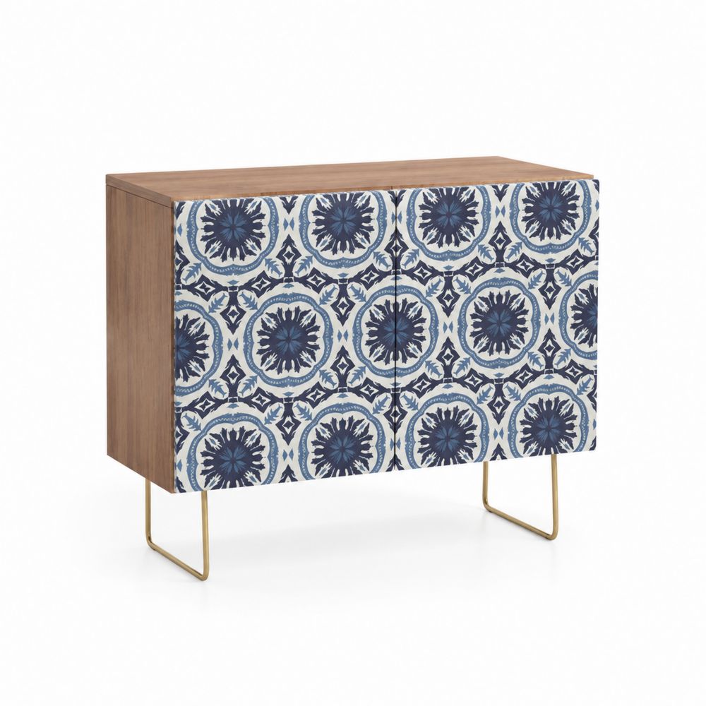 Credenza in legno con decorazioni blu e bianche, 80x35x75 cm